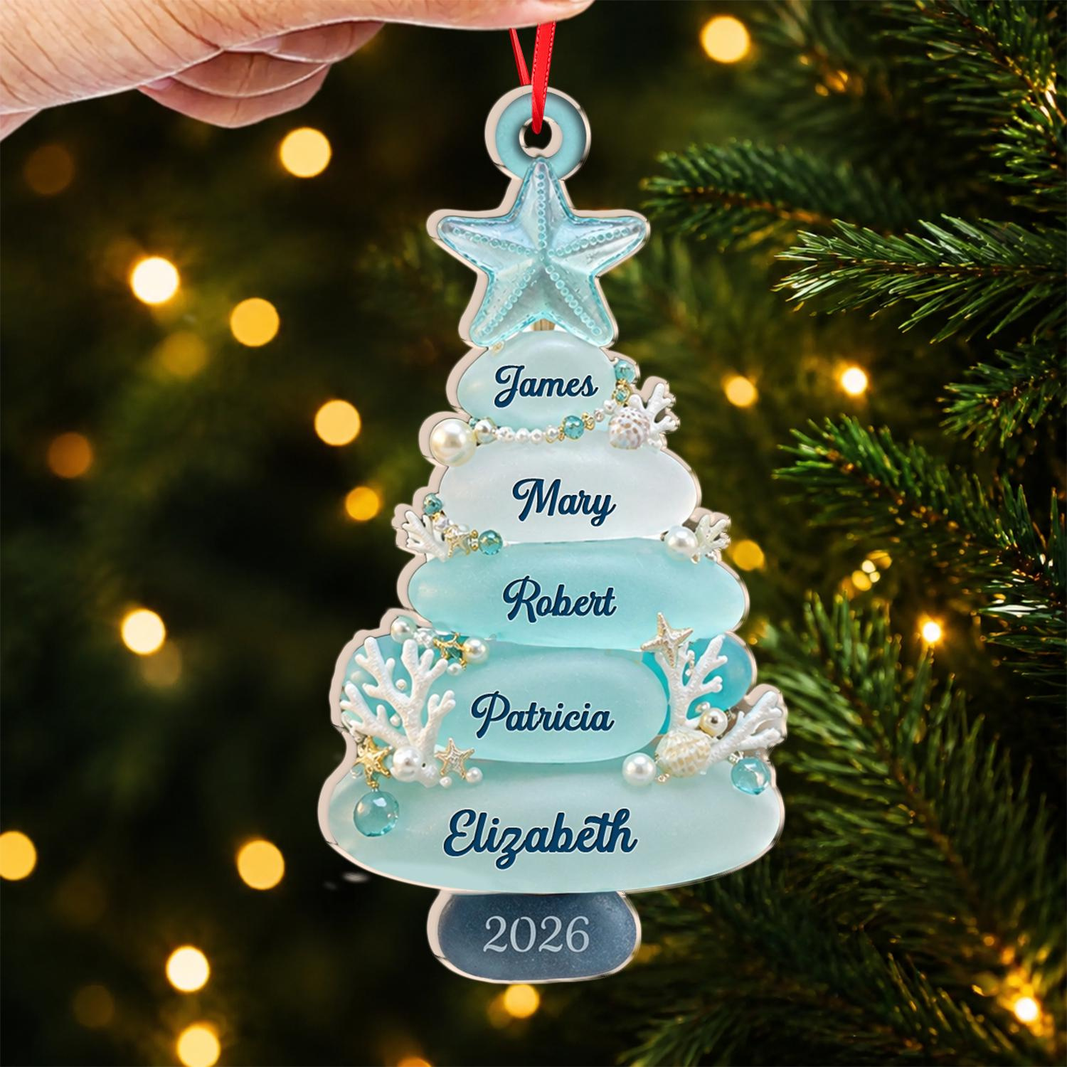 Personalized Sea Glass Christmas Tree Ornament - Custom Family Keepsake with Up to 13 Names