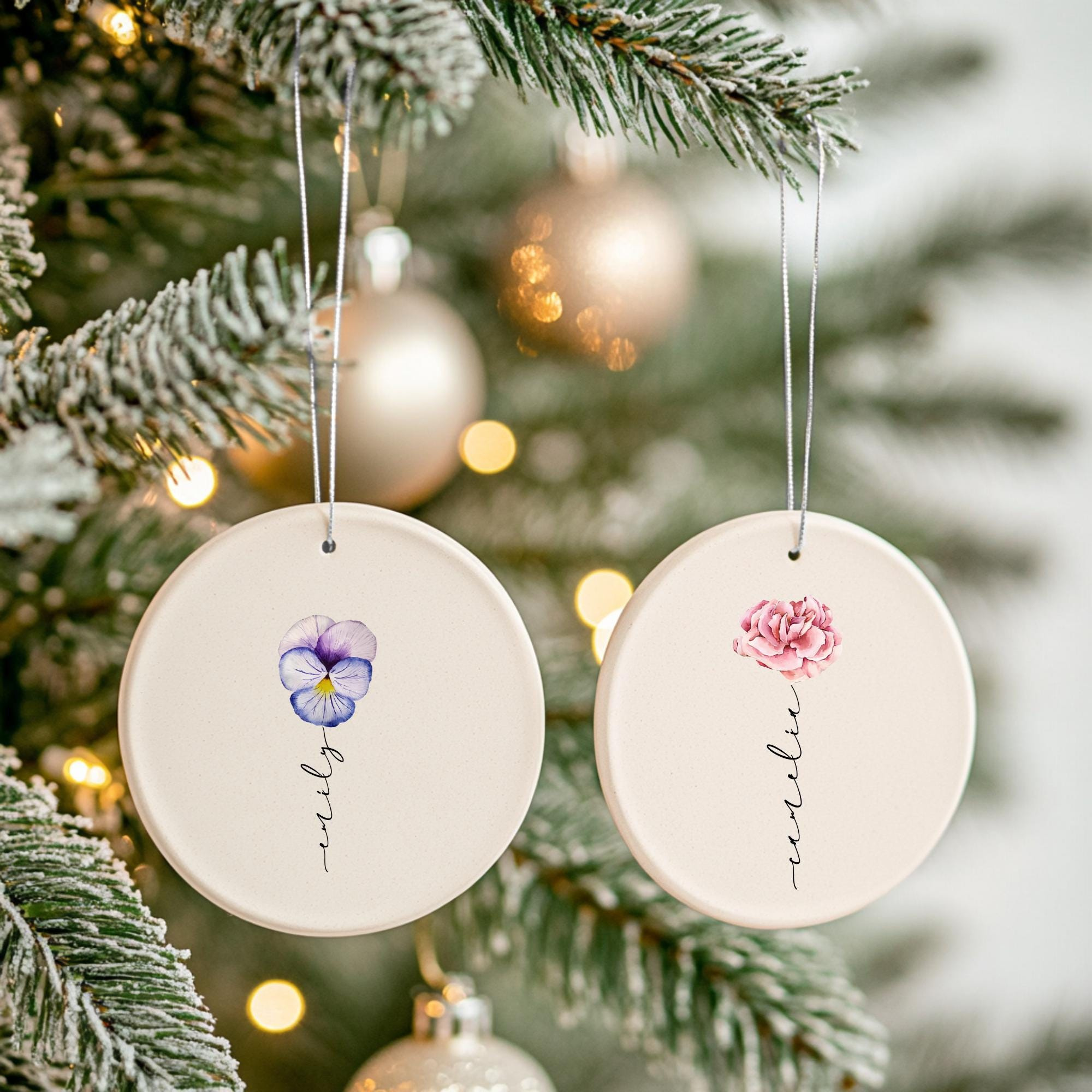 Birth Flower Personalized Ornament - Custom Name Floral Heart or Round Hanging Keepsake 1