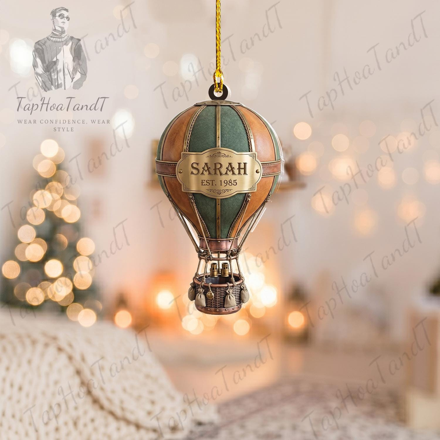 Personalized Hot Air Balloon Ornament - Vintage Christmas Travel Decoration, Custom Wanderlust Adventure Gift