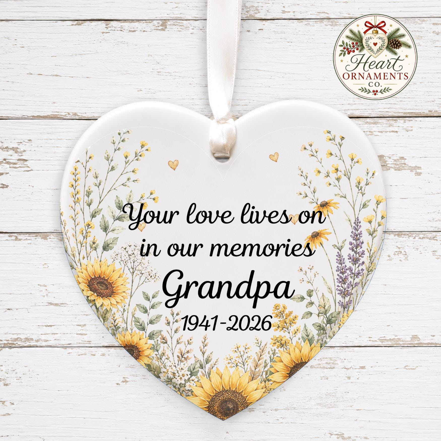 Custom Memorial Sunflower Heart-Shaped Ceramic Ornament - 12 Designs, Personalized Keepsake Gift