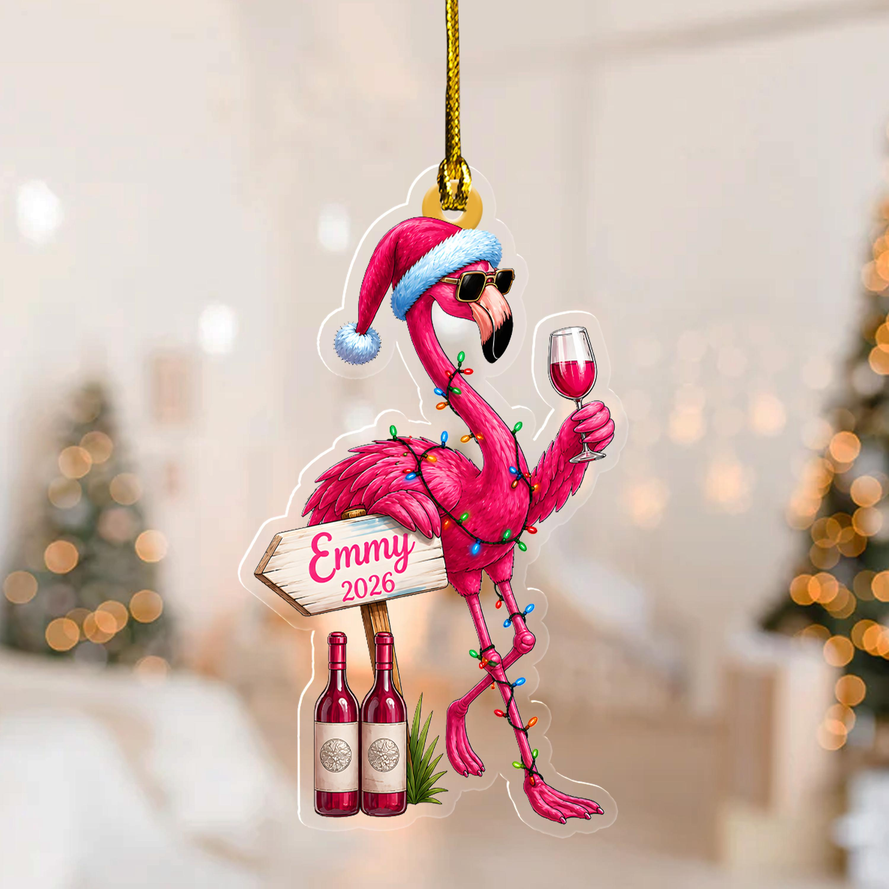 Personalized Flamingo Drink Wine Ornament - 2D Flat Acrylic Christmas Keepsake Gift C2HF27-CO
