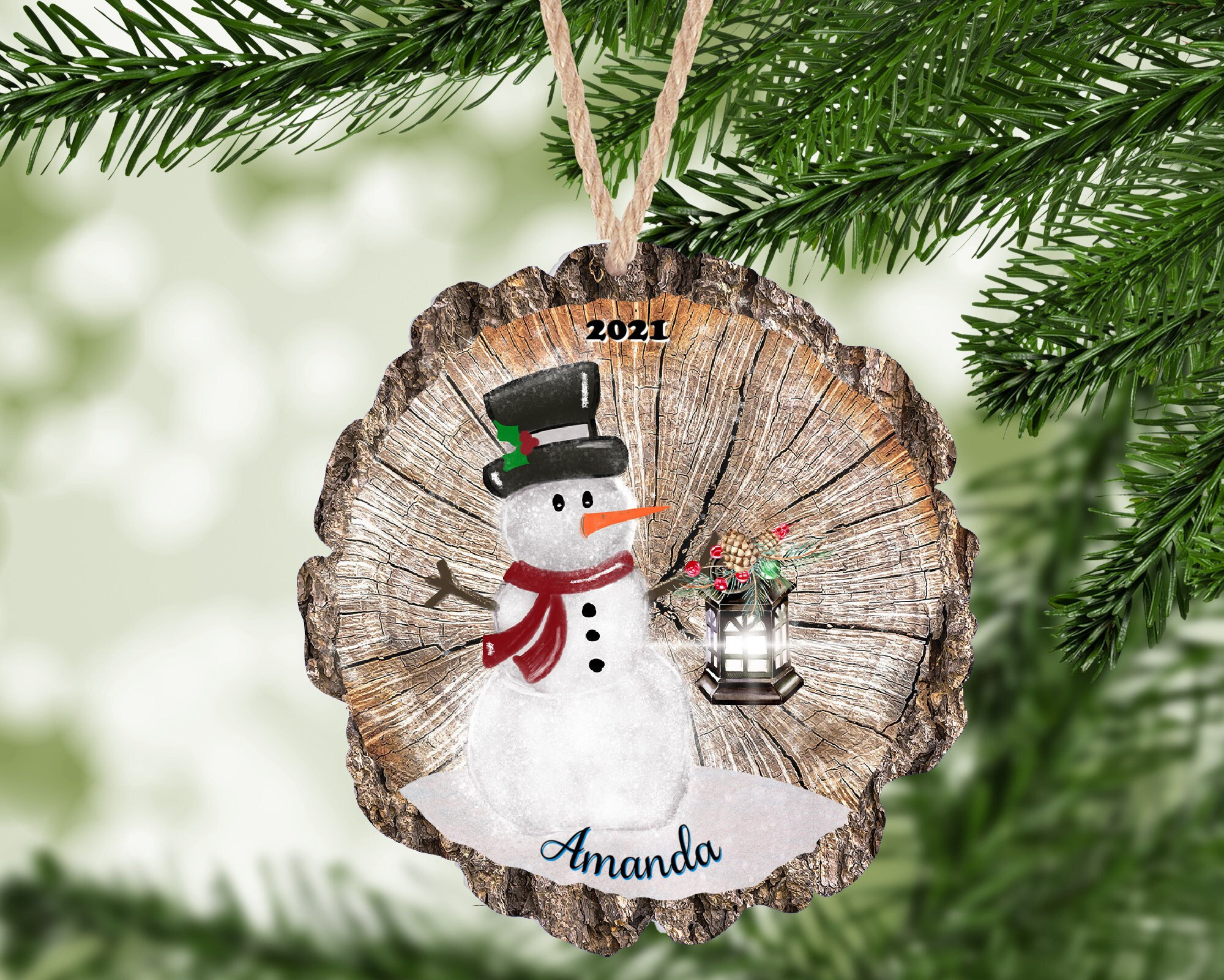 Snowman Wood Slice Personalized Christmas Ornament, Custom Family Name Holiday Gift, Rustic Decoration Snowman Wood Slice Personalized Christmas Ornament, Custom Family Name Holiday Gift, Rustic Decoration
