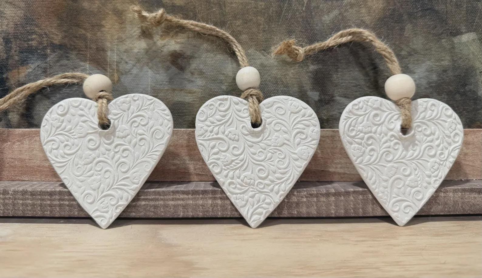 Clay Heart Christmas Ornaments Set of 3 - Handmade Embossed Ceramic Ornaments - Rustic Wedding Favors