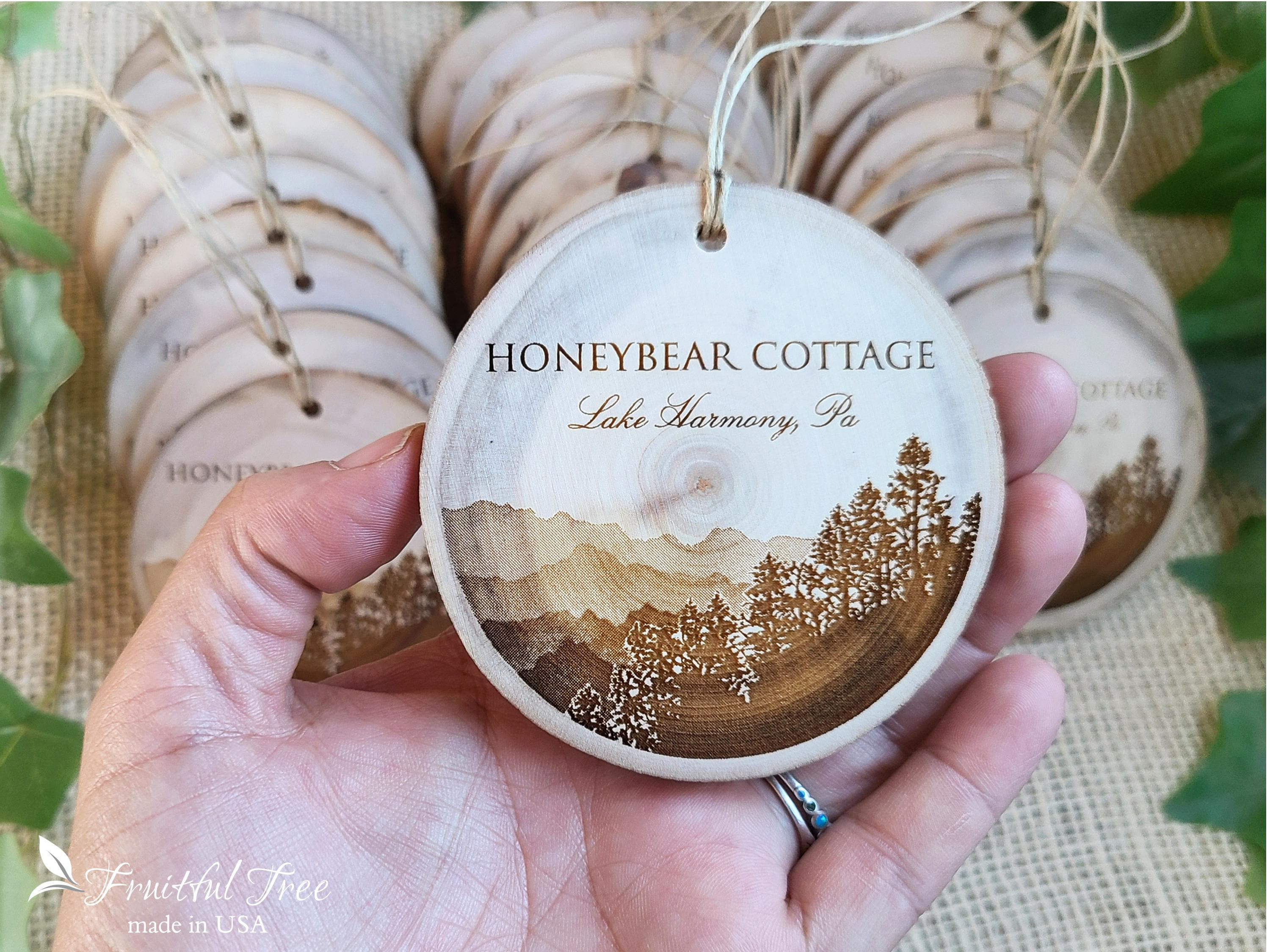 Personalized Engraved Wood Slice Ornaments - Bulk Christmas & Wedding Favors - Natural Mountain Design 4 - MeasureMason Personalized Engraved Wood Slice Ornaments - Bulk Christmas & Wedding Favors - Natural Mountain Design 4