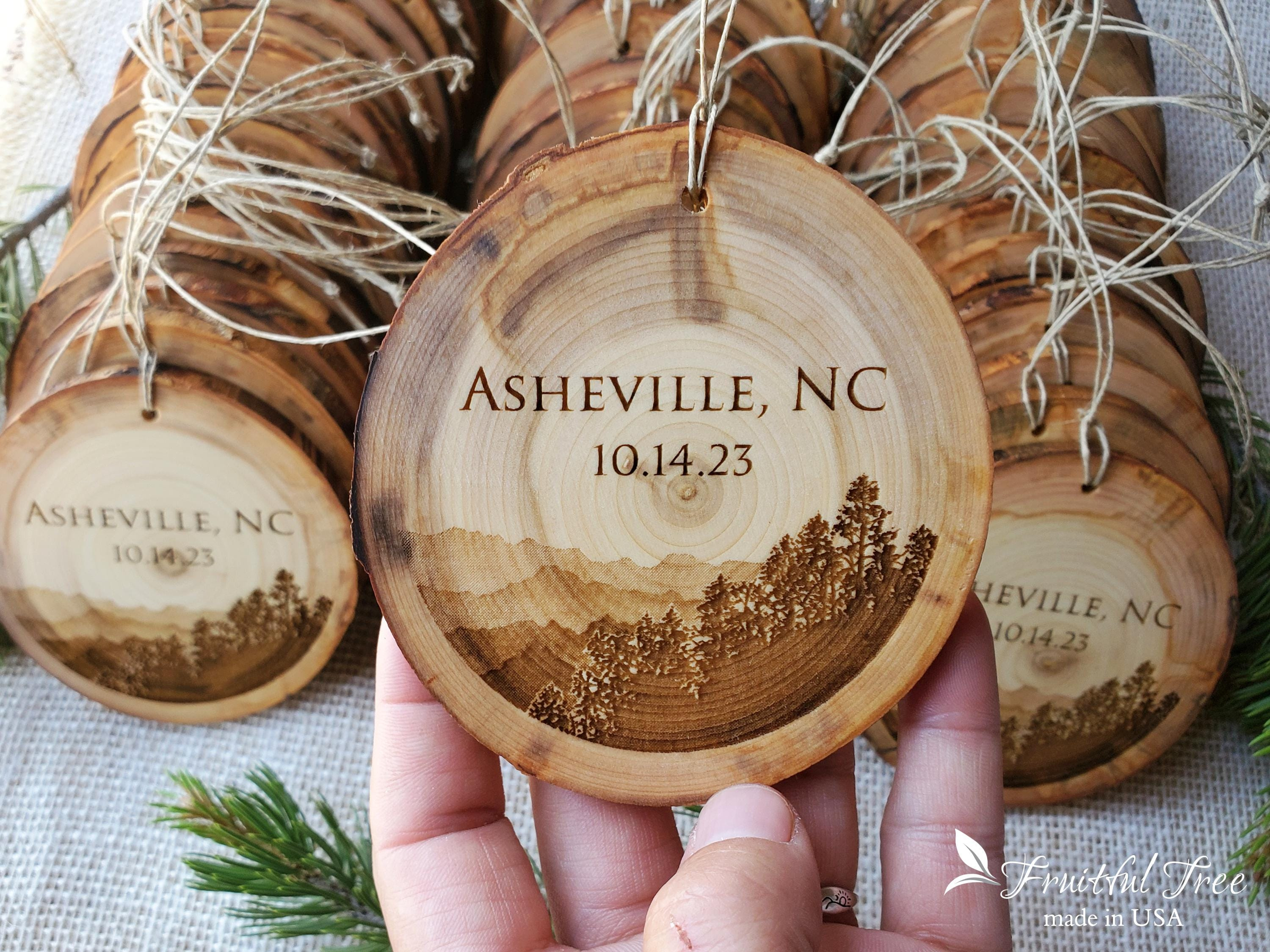 Personalized Engraved Wood Slice Ornaments - Bulk Christmas & Wedding Favors - Natural Mountain Design
