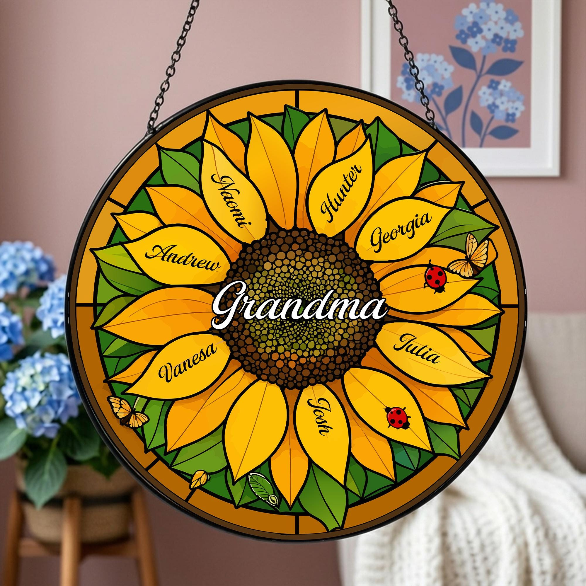 Personalized Sunflower Stained Glass Suncatcher - Custom Family Name Window Hanging Mother's Day Gift for Mom Grandma