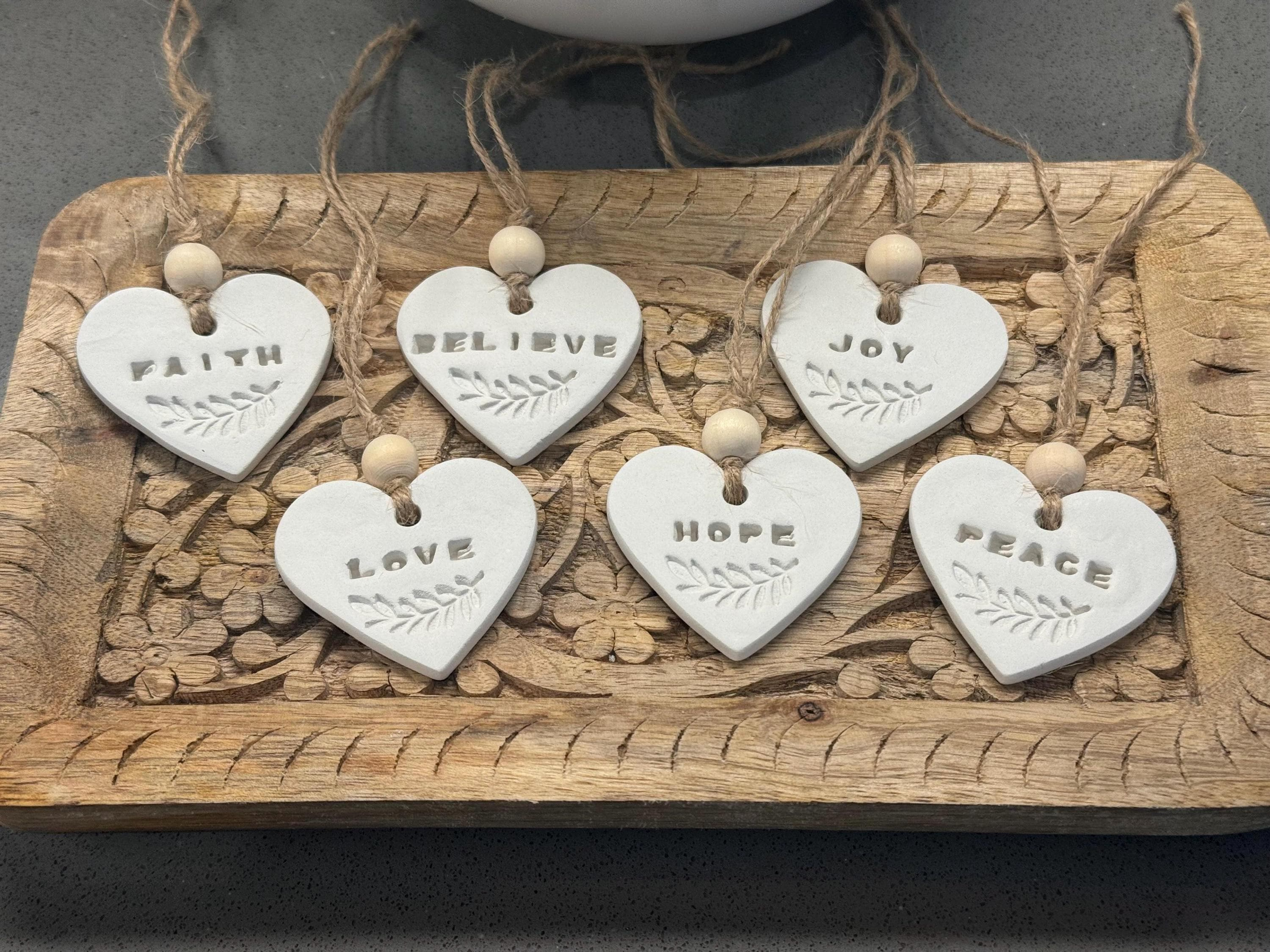 Handmade Clay Heart Christmas Ornament with Noel & Merry Stamped Words, Rustic Pottery Holiday Tree Decoration with Twin 2 - MeasureMason Handmade Clay Heart Christmas Ornament with Noel & Merry Stamped Words, Rustic Pottery Holiday Tree Decoration with Twin 2