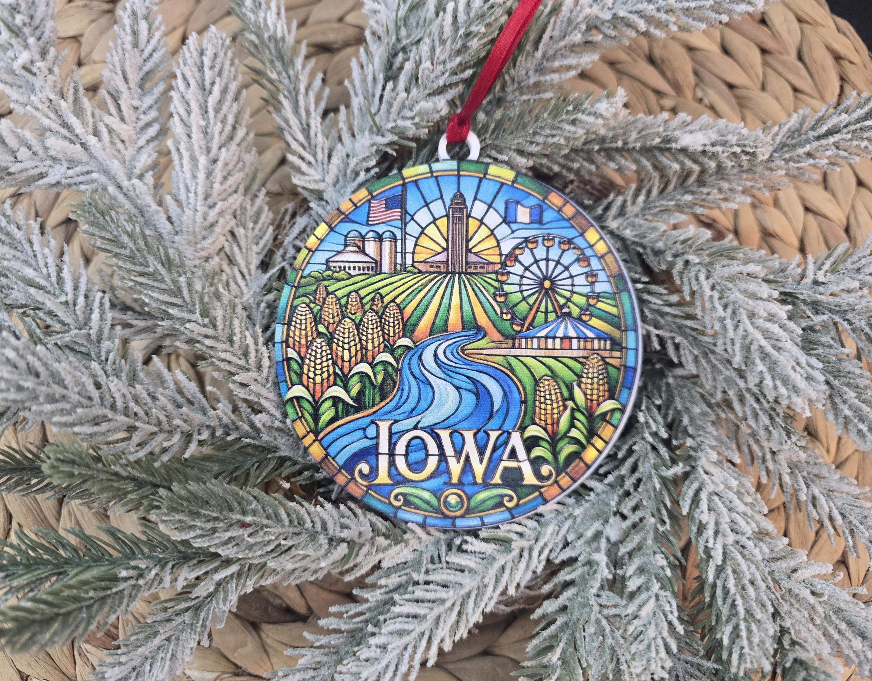 Iowa Stained Glass Inspired Ornament: UV Printed Acrylic, Midwest Christmas Keepsake Iowa Stained Glass Inspired Ornament: UV Printed Acrylic, Midwest Christmas Keepsake