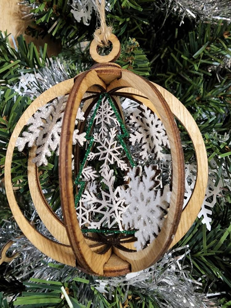 Hand Painted Christmas Tree Globe Ornament – Laser Cut Wood with Stained Glitter Snowflake Design Hand Painted Christmas Tree Globe Ornament – Laser Cut Wood with Stained Glitter Snowflake Design
