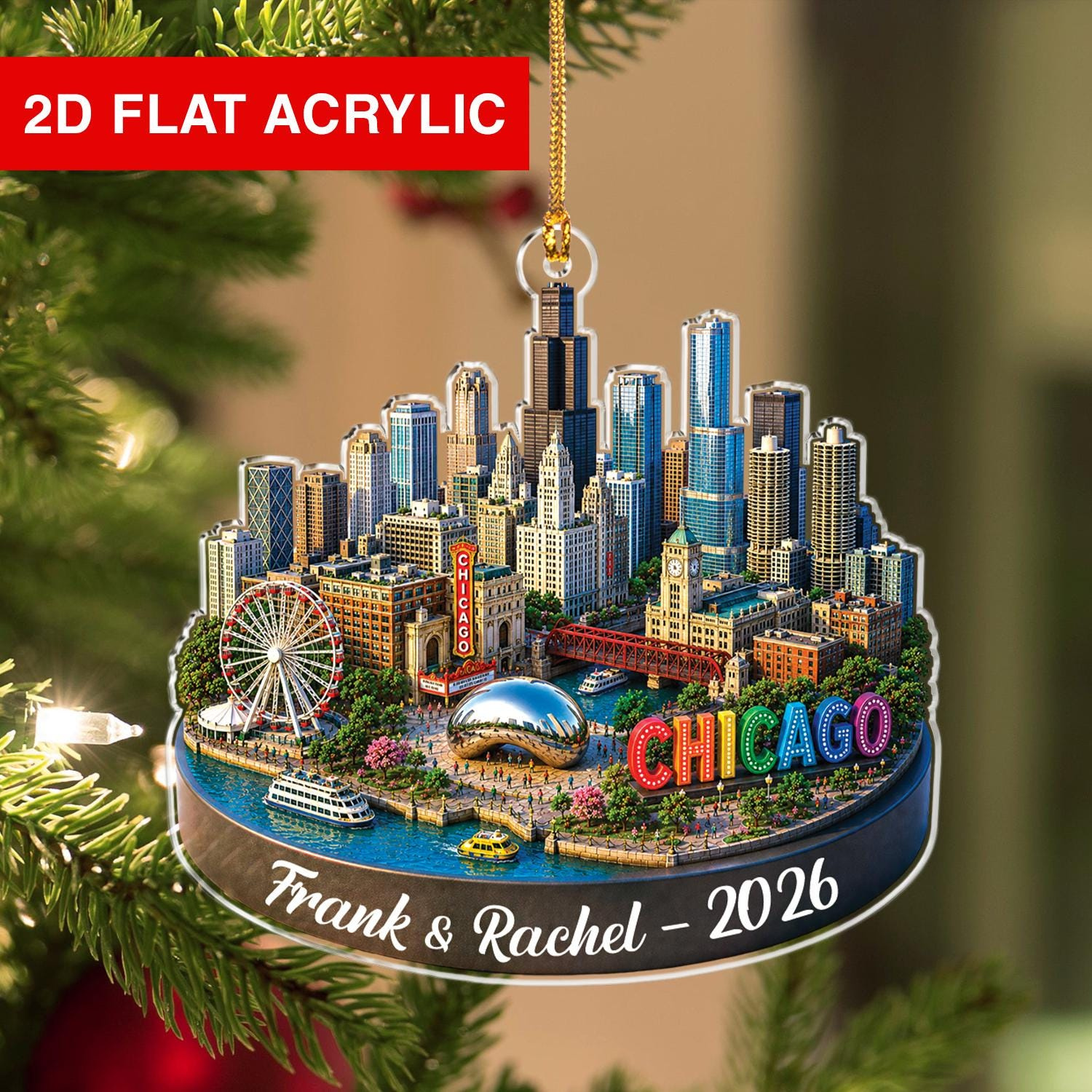 Personalized Chicago Ornament - Custom City Skyline Acrylic Christmas Keepsake, Family Travel Souvenir Gift