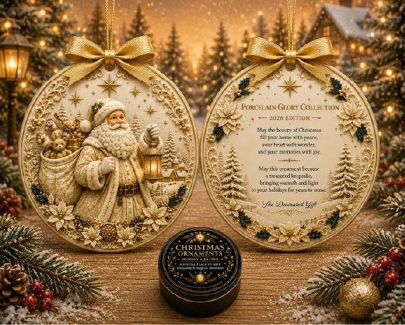 Santa Double-Sided Ceramic Christmas Ornament in Keepsake Gift Tin
