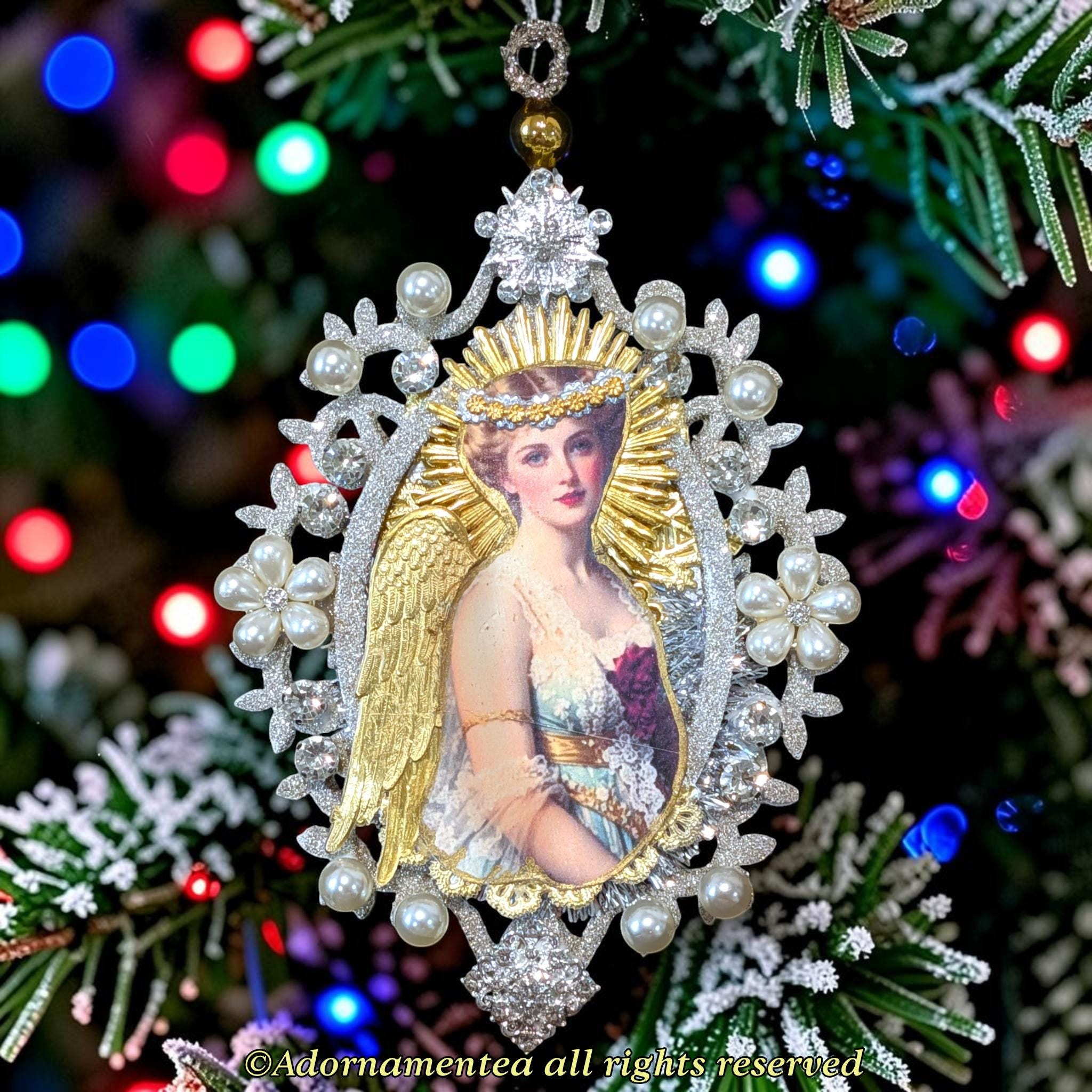 Victorian Christmas Ornament - Handcrafted Rococo Revival Jeweled Angel Portrait Glass Medallion DA2642 Victorian Christmas Ornament - Handcrafted Rococo Revival Jeweled Angel Portrait Glass Medallion DA2642