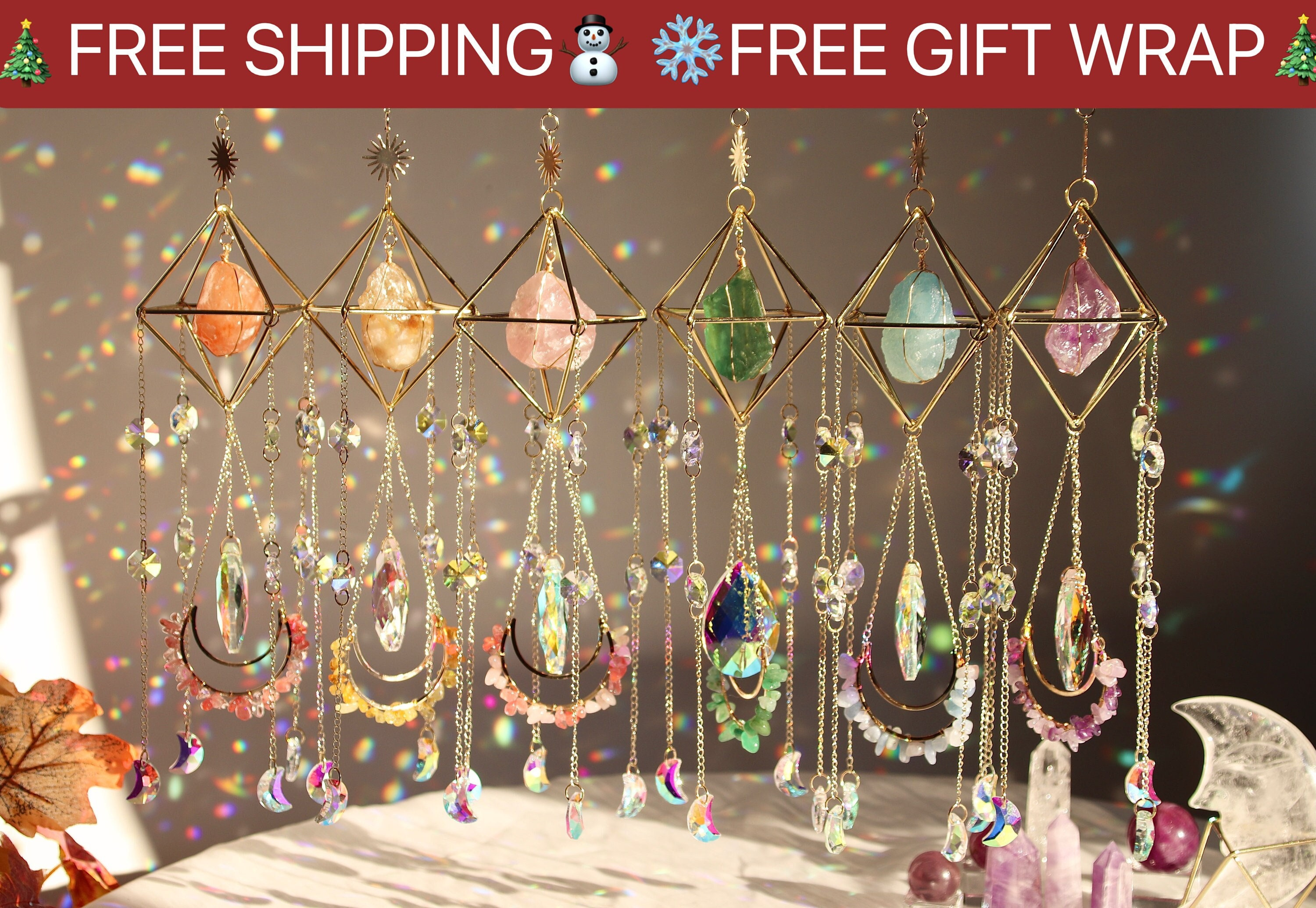 Crystal Suncatcher Window Hanging, Rainbow Maker Wall Decor, Chakra Gemstone Boho Room Decor Birthday Gift