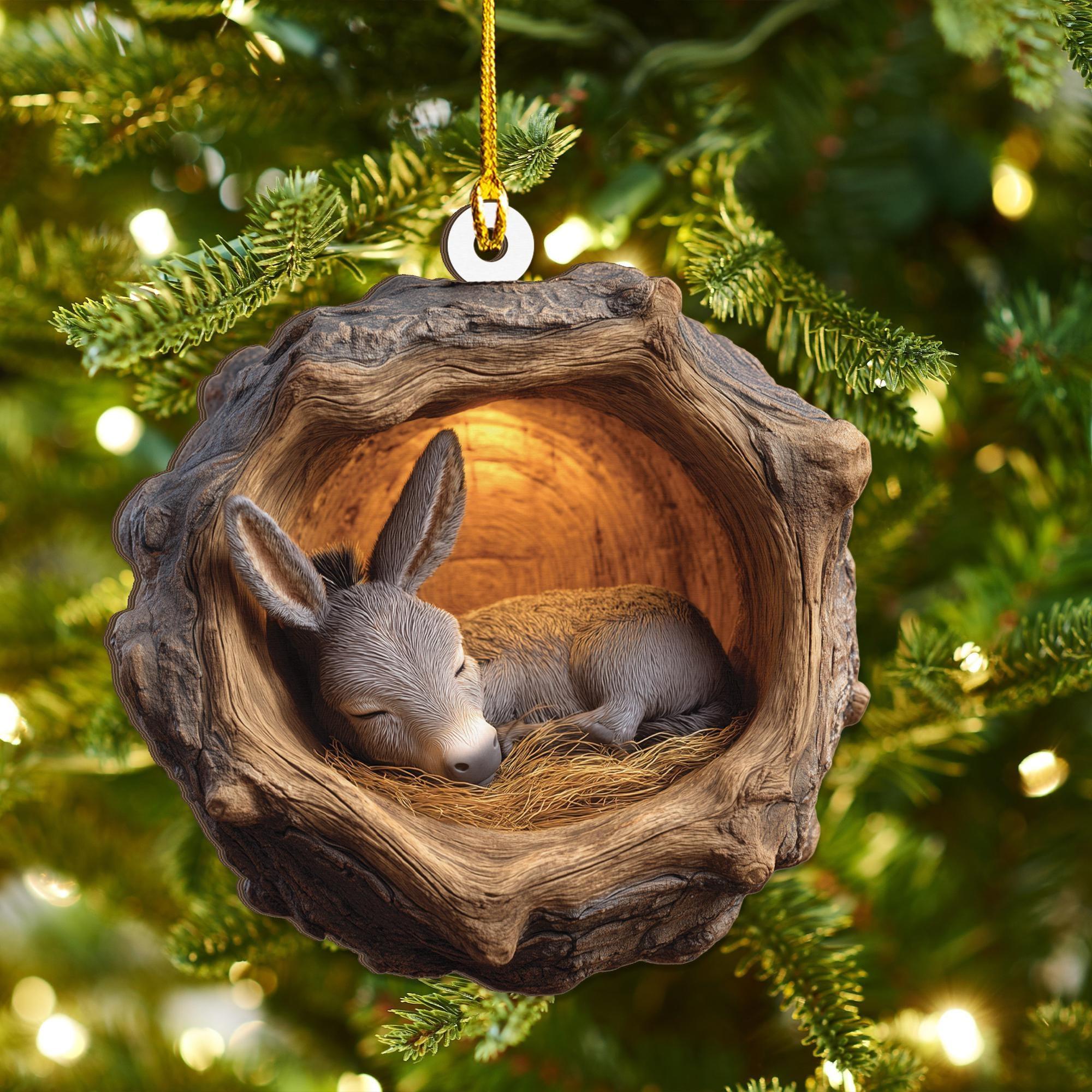 Sleeping Donkey Christmas Wood Ornament - Handmade Holiday Tree Decoration for Donkey Lovers