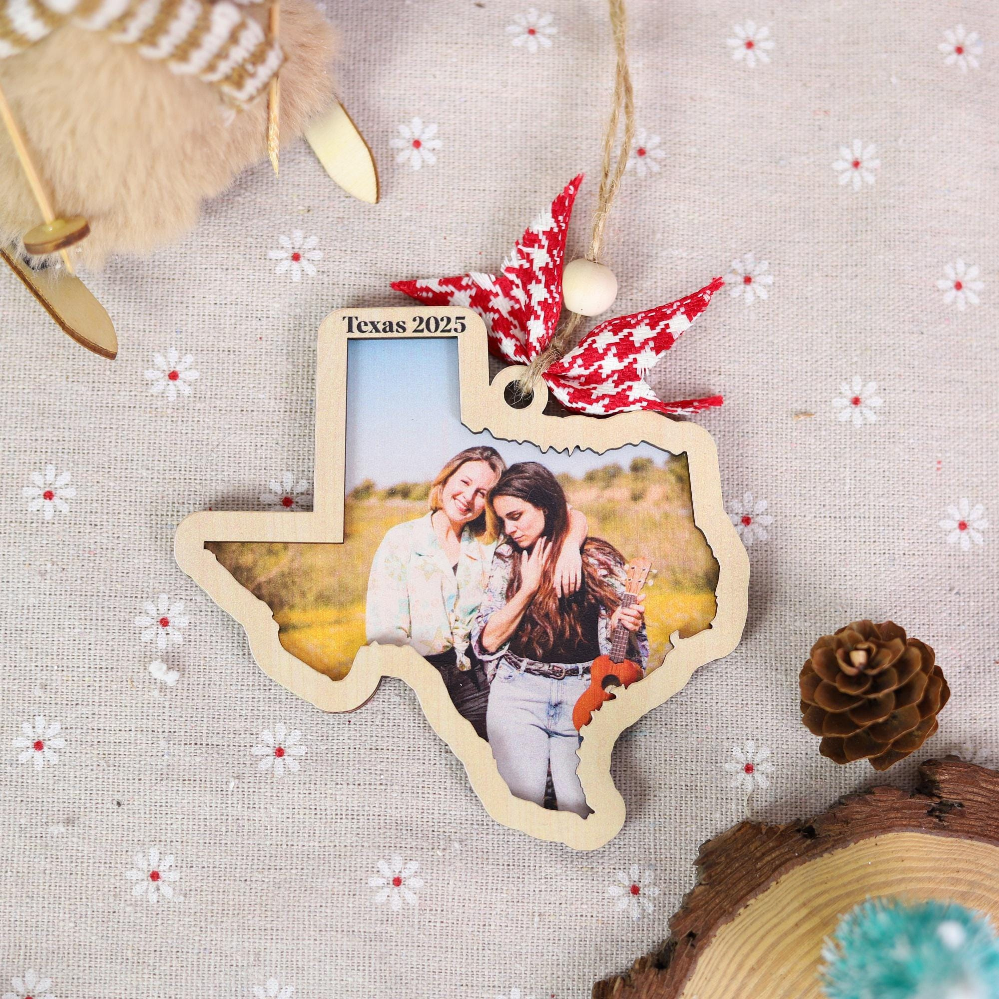 Personalized State Outline Christmas Ornament - Custom MDF Wood with Photo & Text Engraving