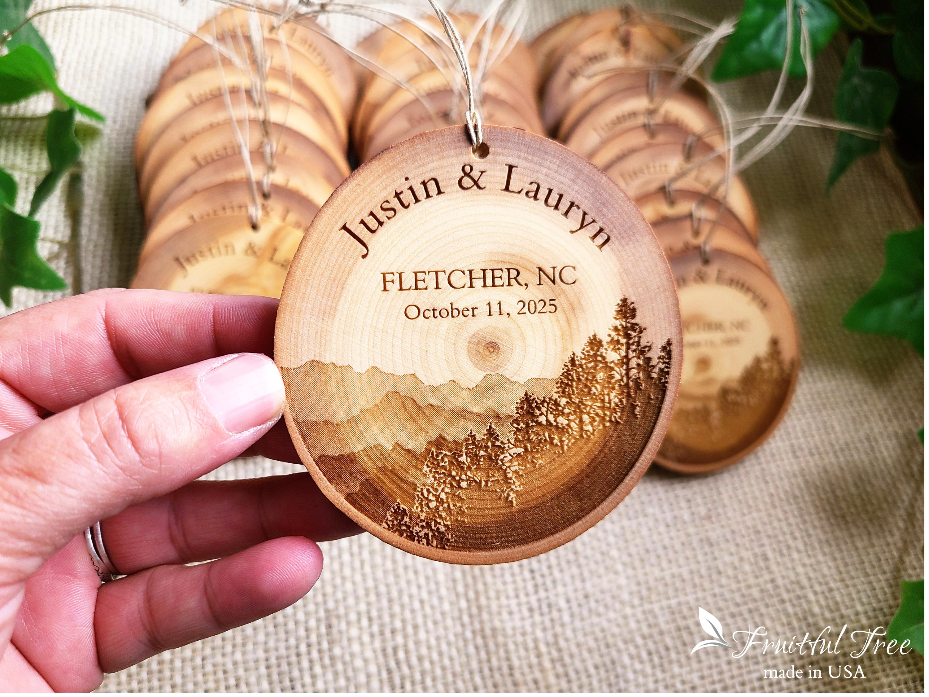 Personalized Engraved Wood Slice Ornaments - Bulk Christmas & Wedding Favors - Natural Mountain Design 1 - MeasureMason Personalized Engraved Wood Slice Ornaments - Bulk Christmas & Wedding Favors - Natural Mountain Design 1