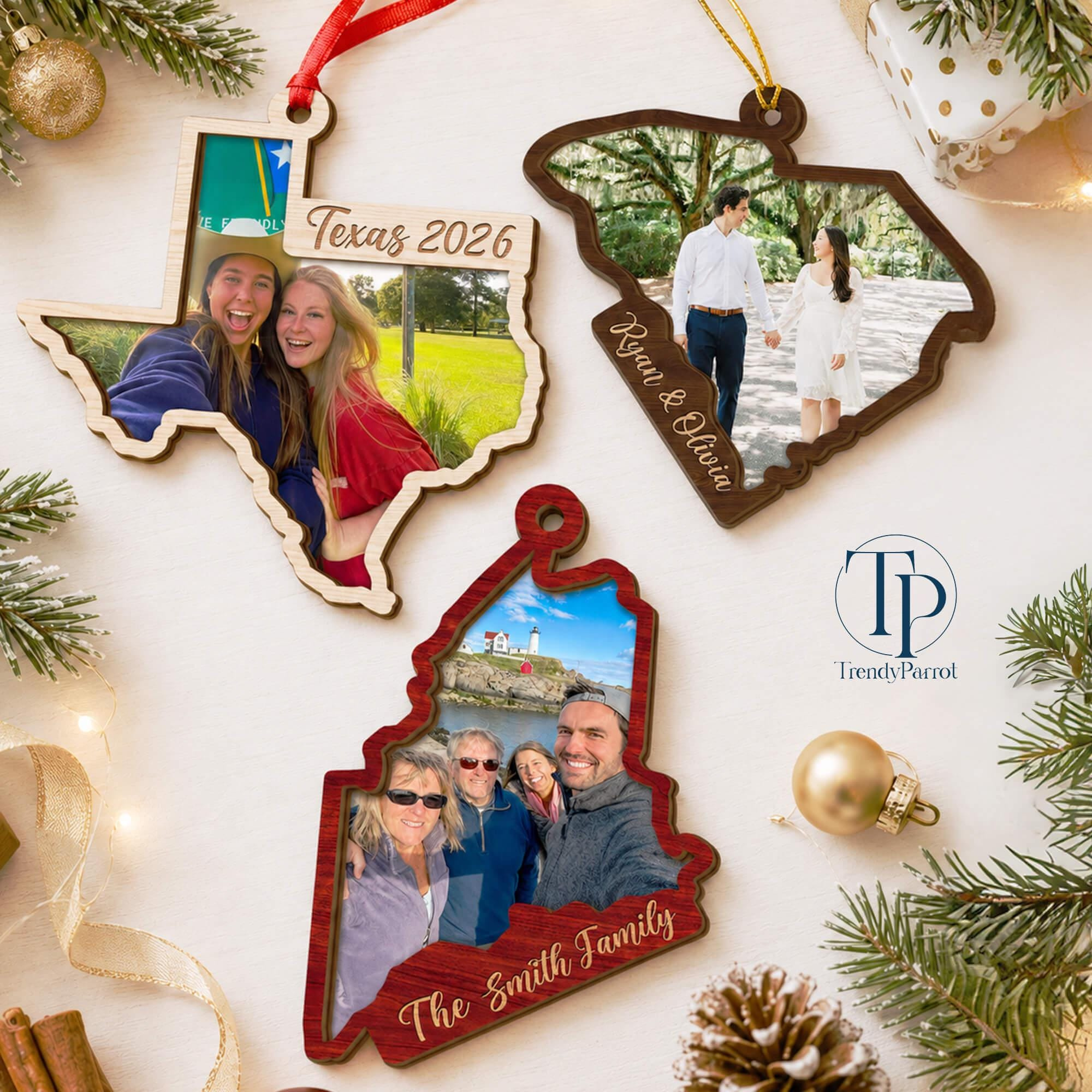 Custom State Wood Ornament, Personalized 2 Layer Photo Ornament, State Pride Holiday Gift