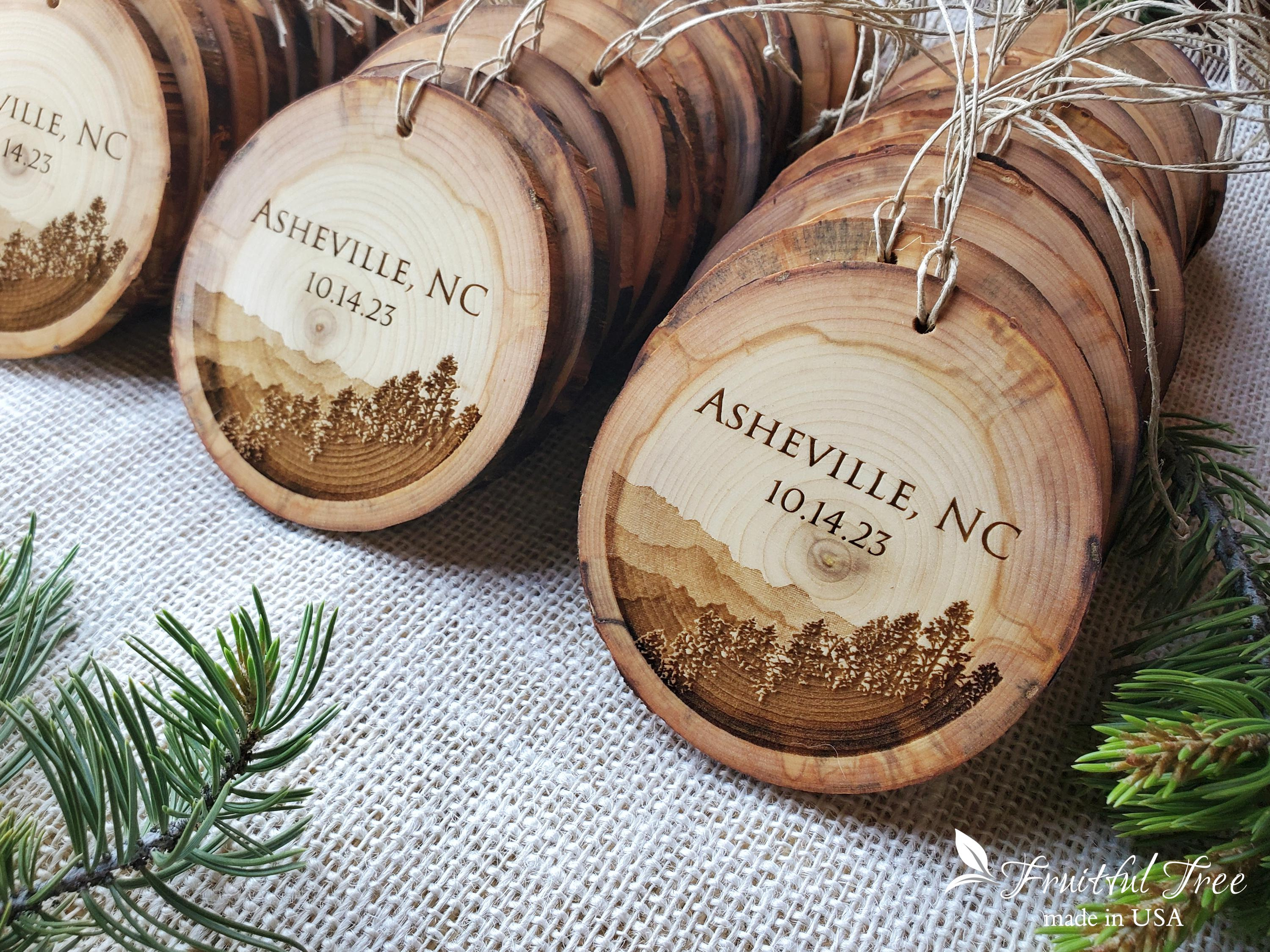 Personalized Engraved Wood Slice Ornaments - Bulk Christmas & Wedding Favors - Natural Mountain Design 2 - MeasureMason Personalized Engraved Wood Slice Ornaments - Bulk Christmas & Wedding Favors - Natural Mountain Design 2