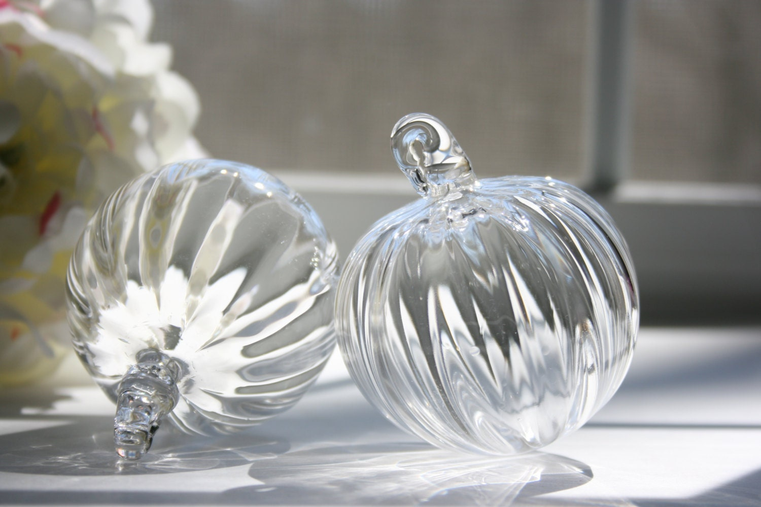 Hand Blown Glass Christmas Ornament – Clear Optic Ridge Crystal Orb, Sun Catcher Holiday Tree Decoration