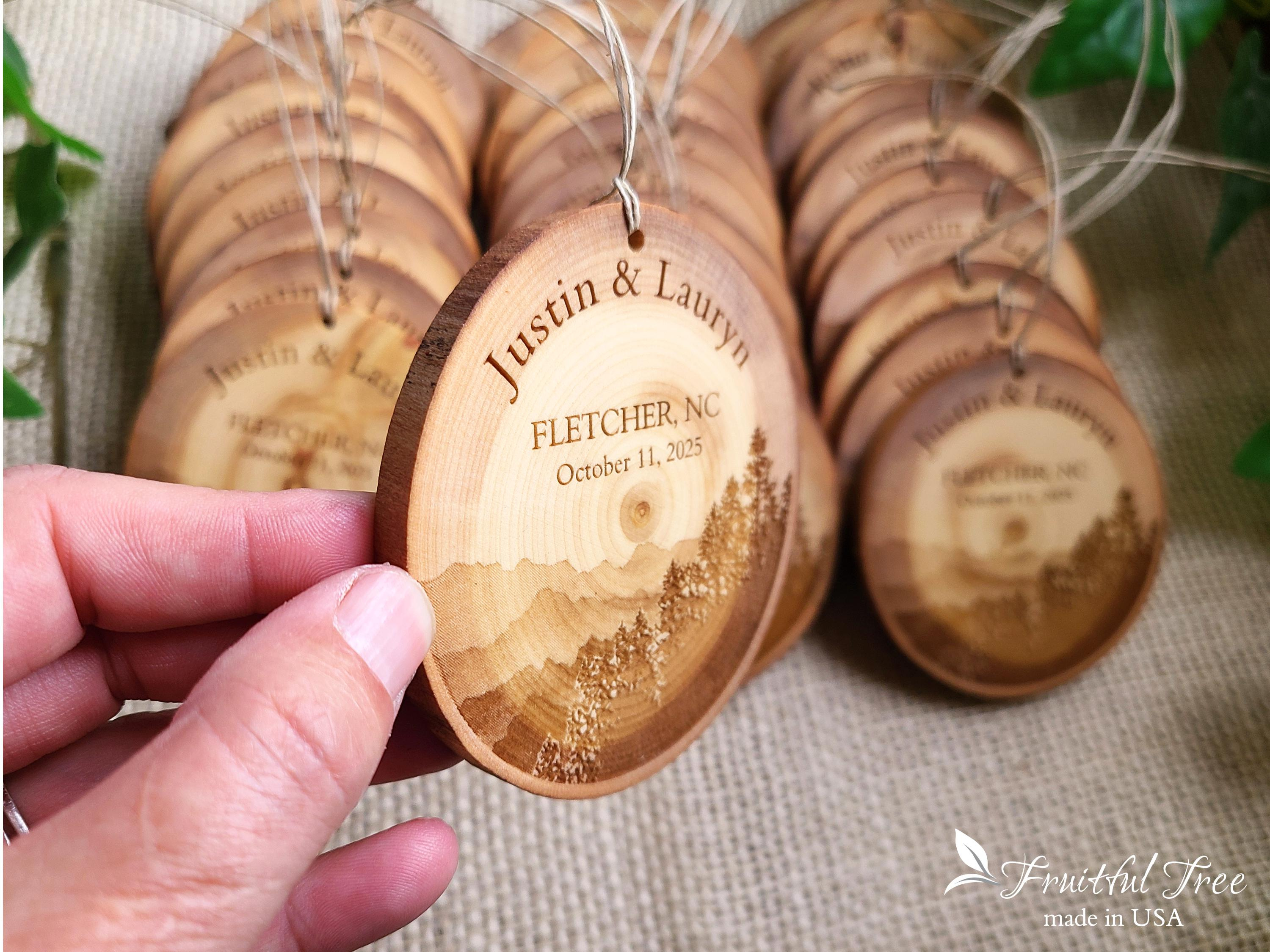 Personalized Engraved Wood Slice Ornaments - Bulk Christmas & Wedding Favors - Natural Mountain Design 3 - MeasureMason Personalized Engraved Wood Slice Ornaments - Bulk Christmas & Wedding Favors - Natural Mountain Design 3