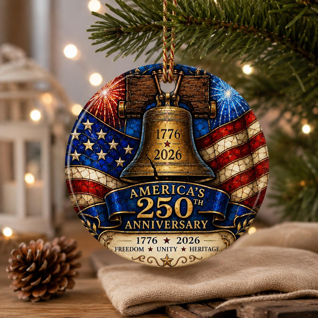America 250th Anniversary Ornament, 1776-2026 Liberty Bell Patriotic Christmas Tree Decor, USA Heritage Keepsake Gift