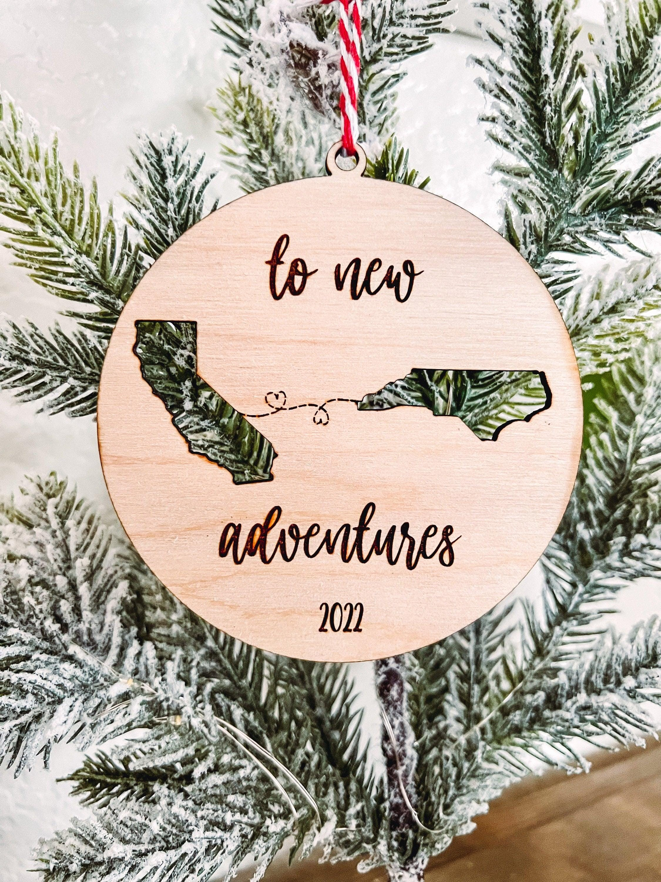 To New Adventures Cross Country Moving Ornament - Laser Cut Personalized States - Christmas Housewarming New Home Gift