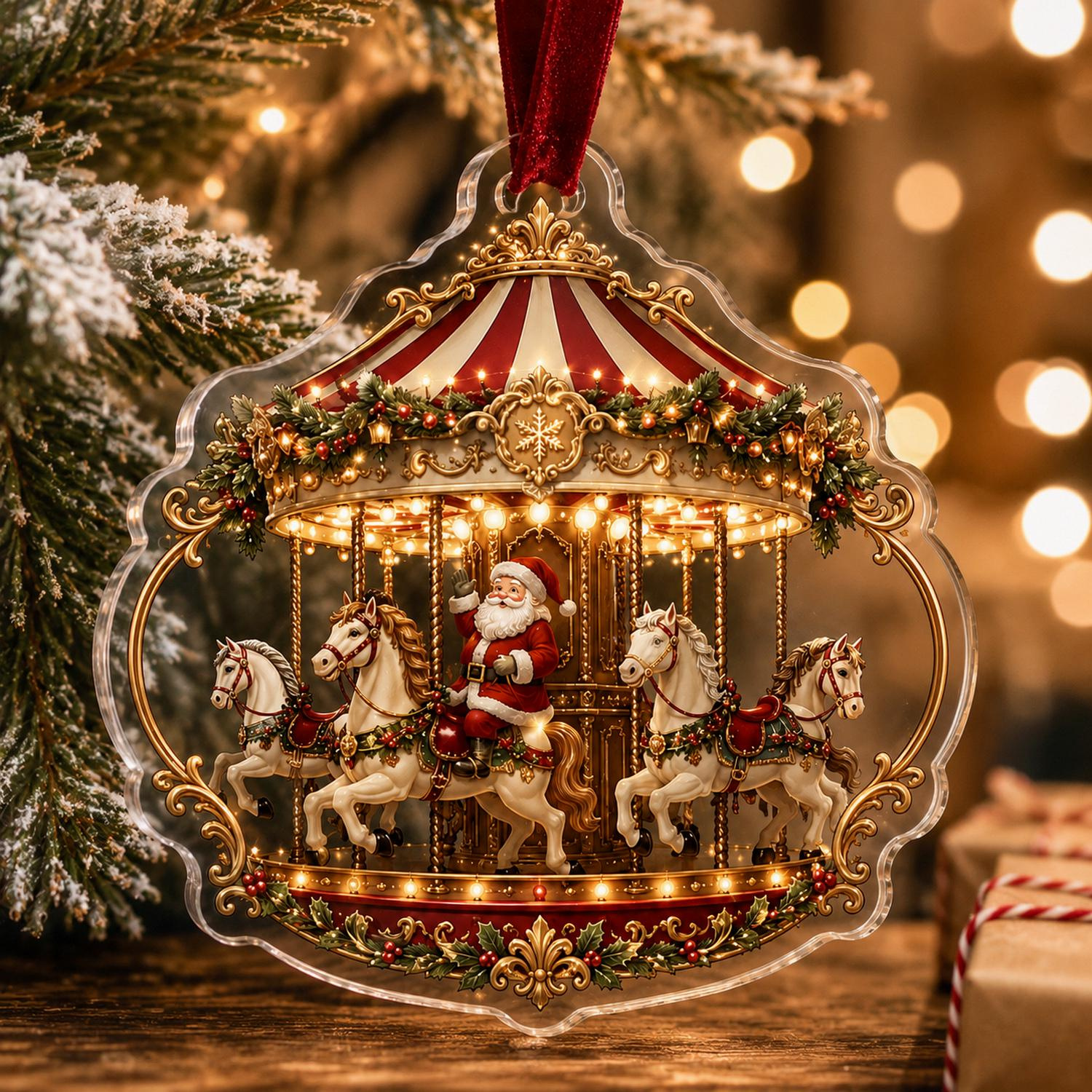 Vintage Santa Carousel Acrylic Ornament, Faux 3D Christmas Keepsake