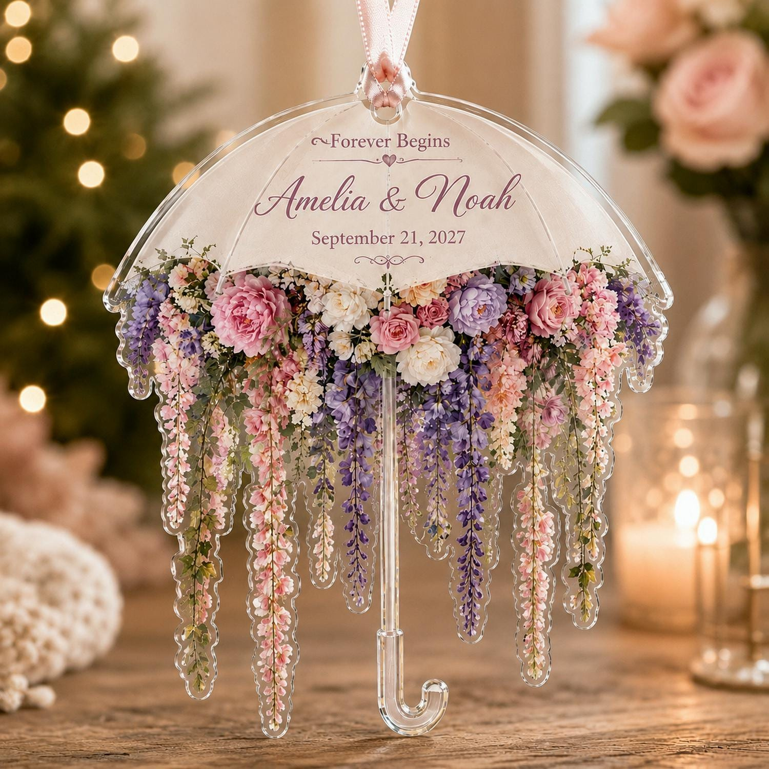 Custom Floral Umbrella Acrylic Ornament, Personalized Forever Begins Wedding Keepsake, Faux 3D Bridal Gift Custom Floral Umbrella Acrylic Ornament, Personalized Forever Begins Wedding Keepsake, Faux 3D Bridal Gift