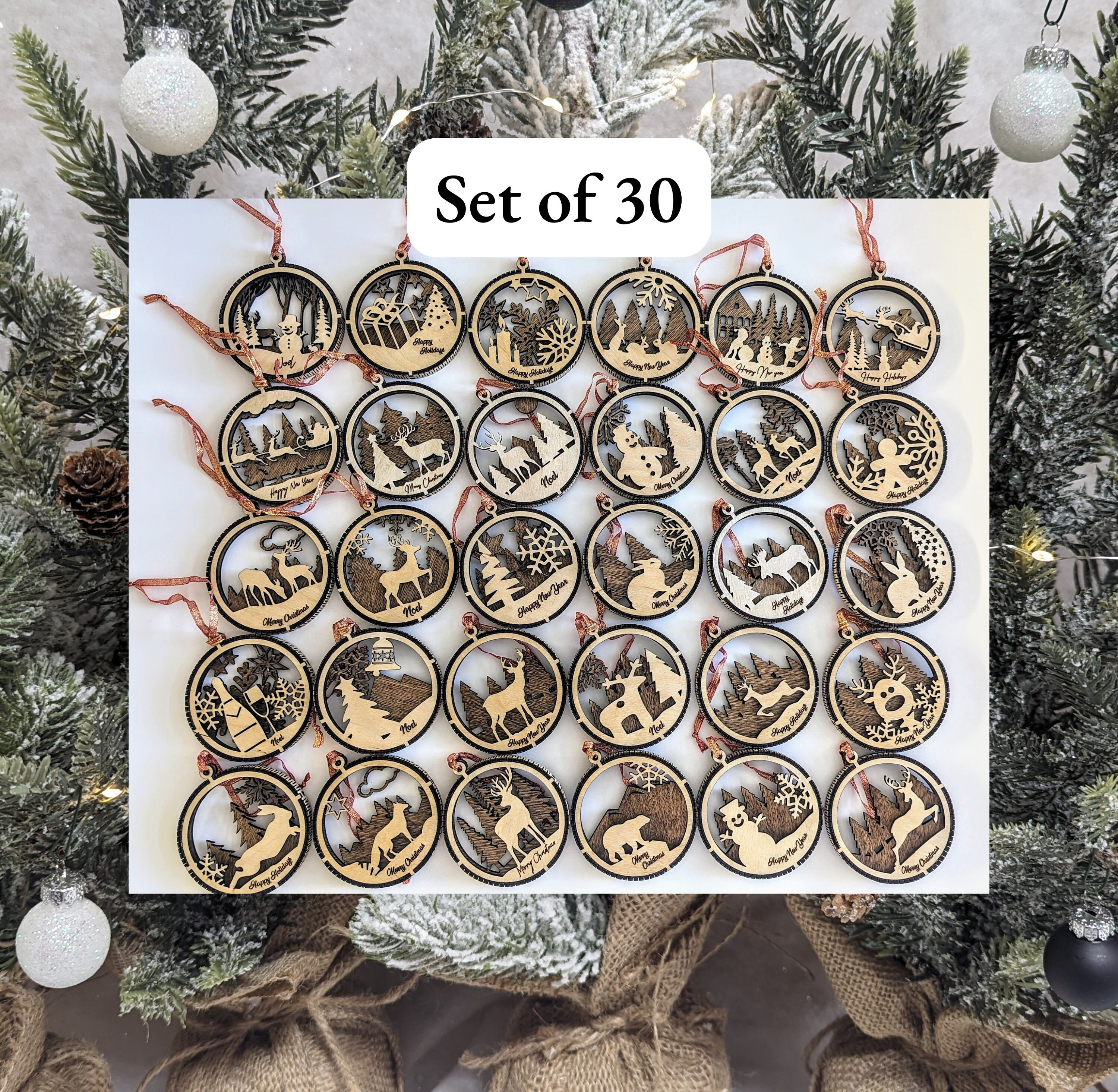 Laser-Cut Wood Christmas Ornament Set, Woodland Scenes, Handmade Holiday Tree Decor 4 - MeasureMason Laser-Cut Wood Christmas Ornament Set, Woodland Scenes, Handmade Holiday Tree Decor 4