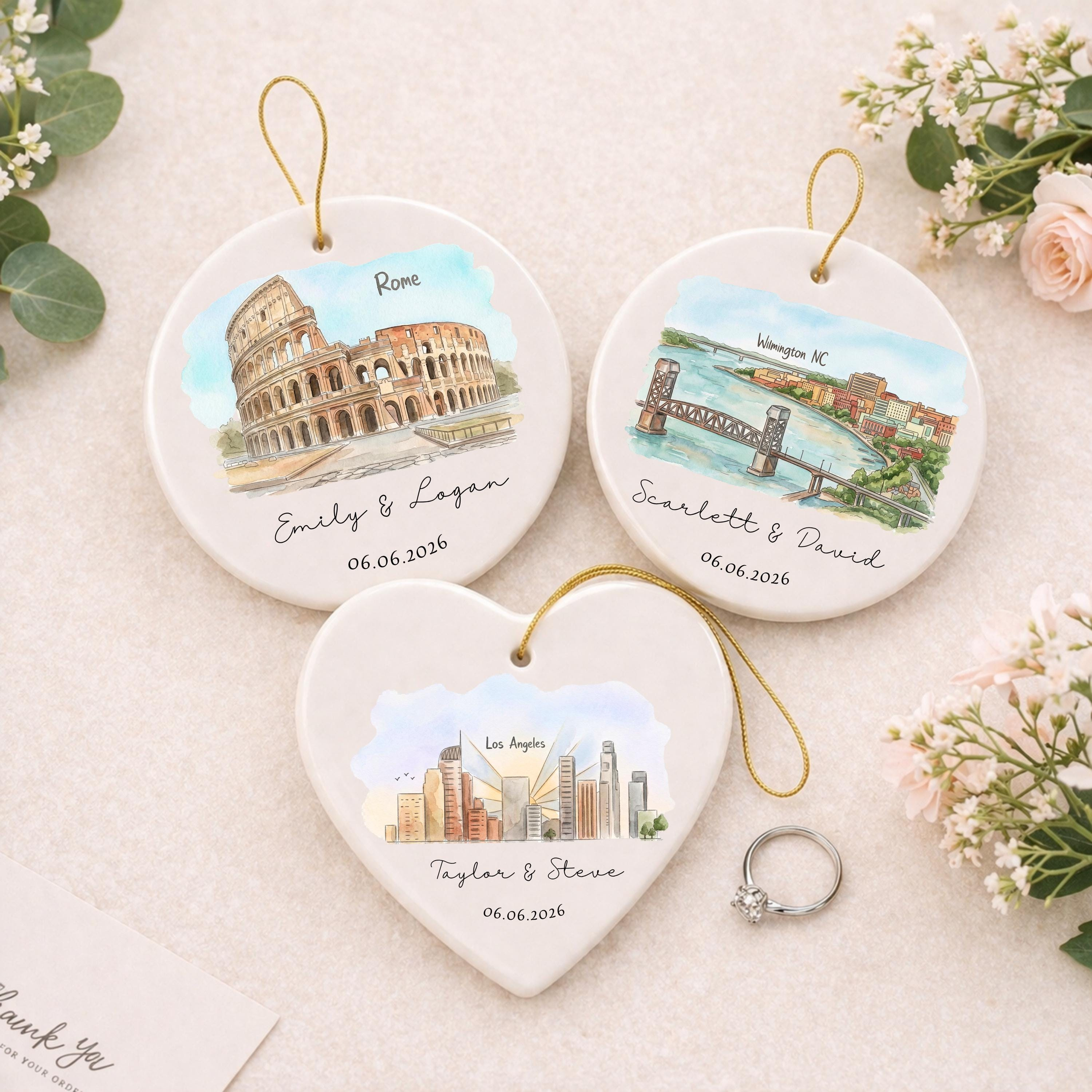 Custom Skyline Ornament for Couples, Personalized Engagement Location Wedding Keepsake