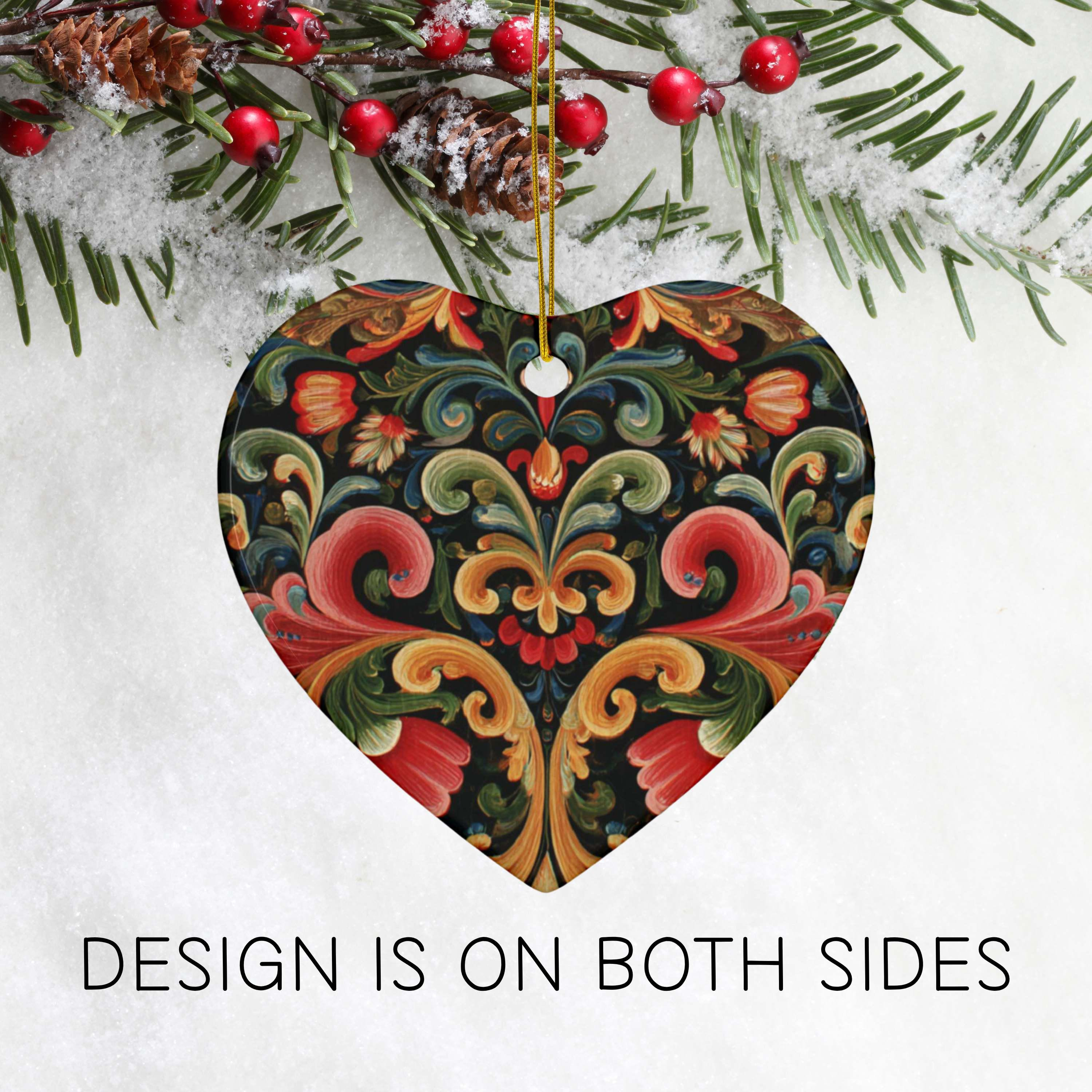 Scandinavian Heart Christmas Ornament, Nordic Folk Art Ceramic Holiday Decor
