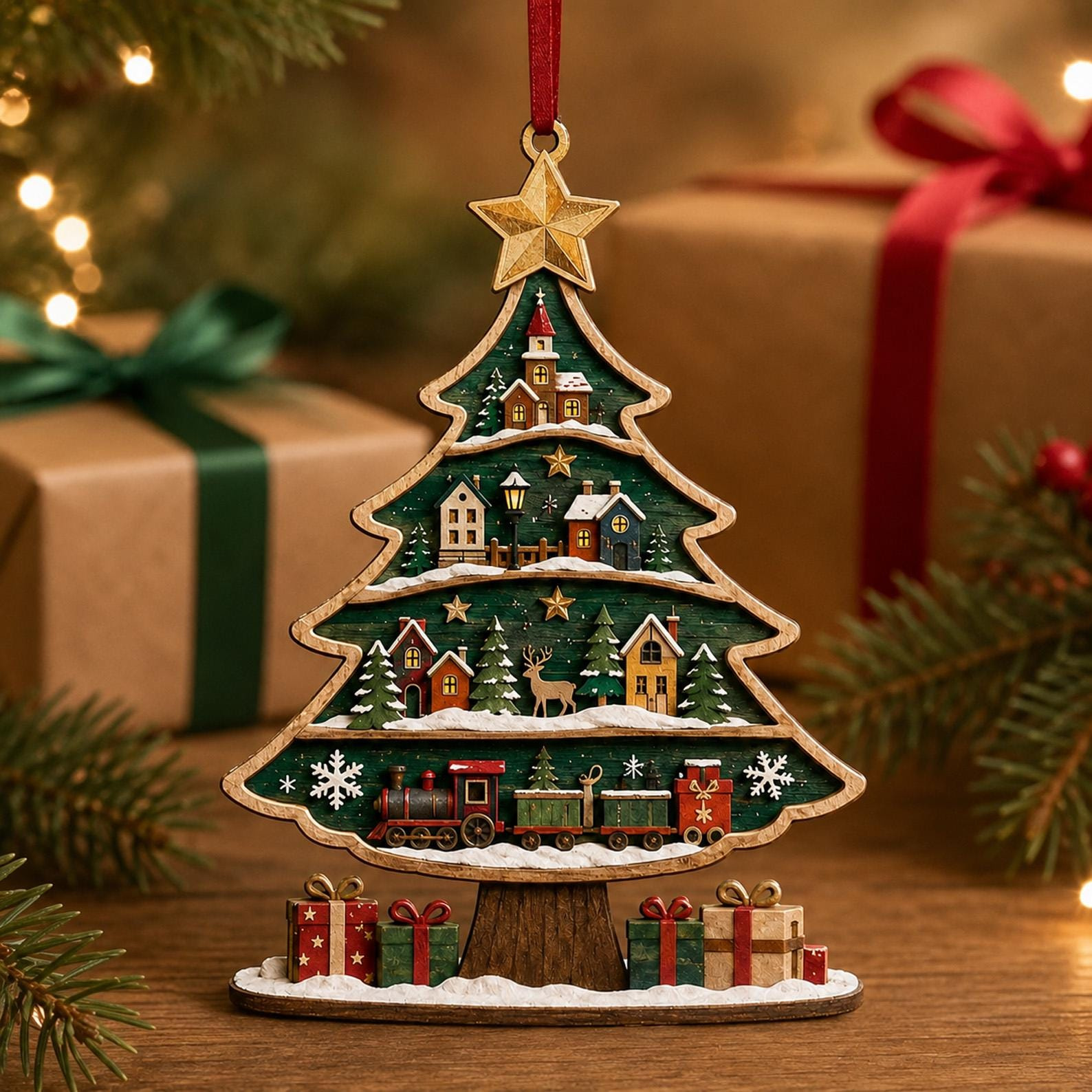 Wood Christmas Tree Ornament with Layered Village Scene Rustic Holiday Hanging Decor 4 - MeasureMason Wood Christmas Tree Ornament with Layered Village Scene Rustic Holiday Hanging Decor 4