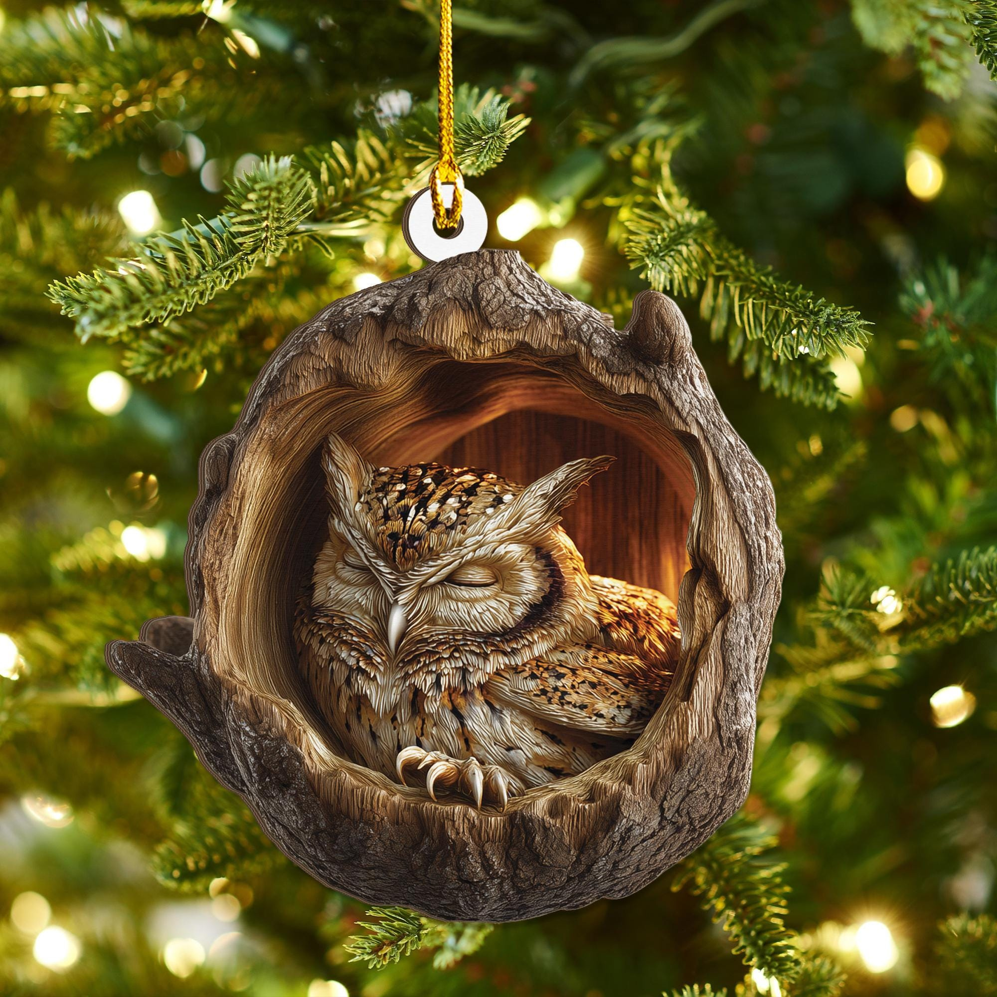 Sleeping Owl Christmas 2D Flat Wood Ornament – Peaceful Woodland Bird Ash Plywood Decor - Cute Holiday Tree Gift for Owl