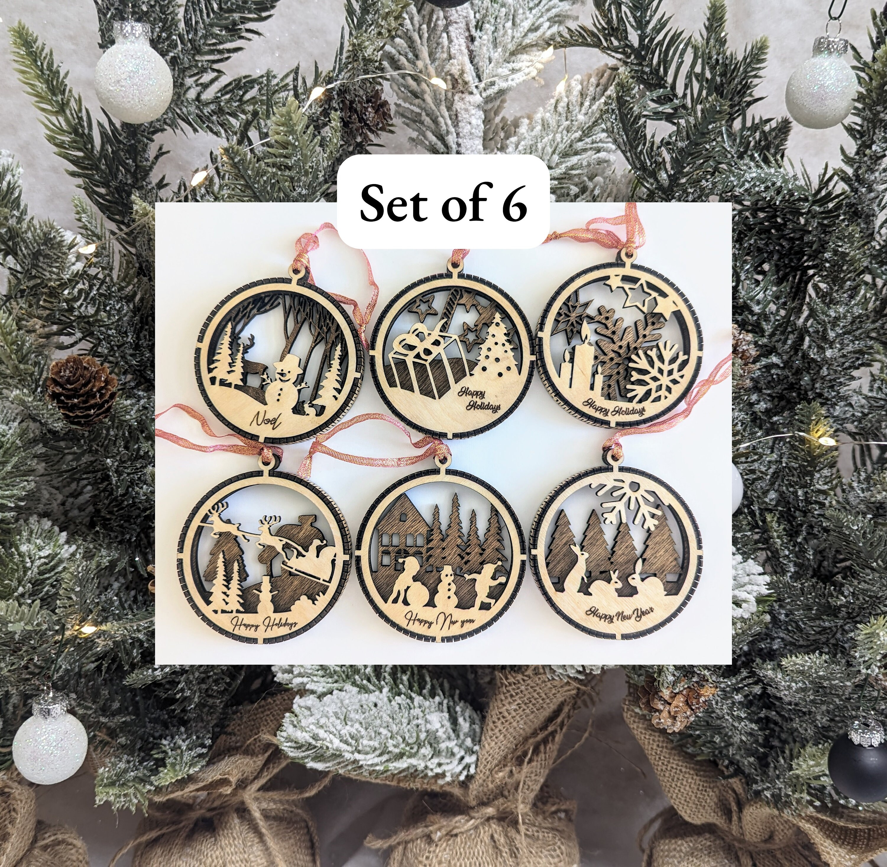Laser-Cut Wood Christmas Ornament Set, Woodland Scenes, Handmade Holiday Tree Decor 2 - MeasureMason Laser-Cut Wood Christmas Ornament Set, Woodland Scenes, Handmade Holiday Tree Decor 2
