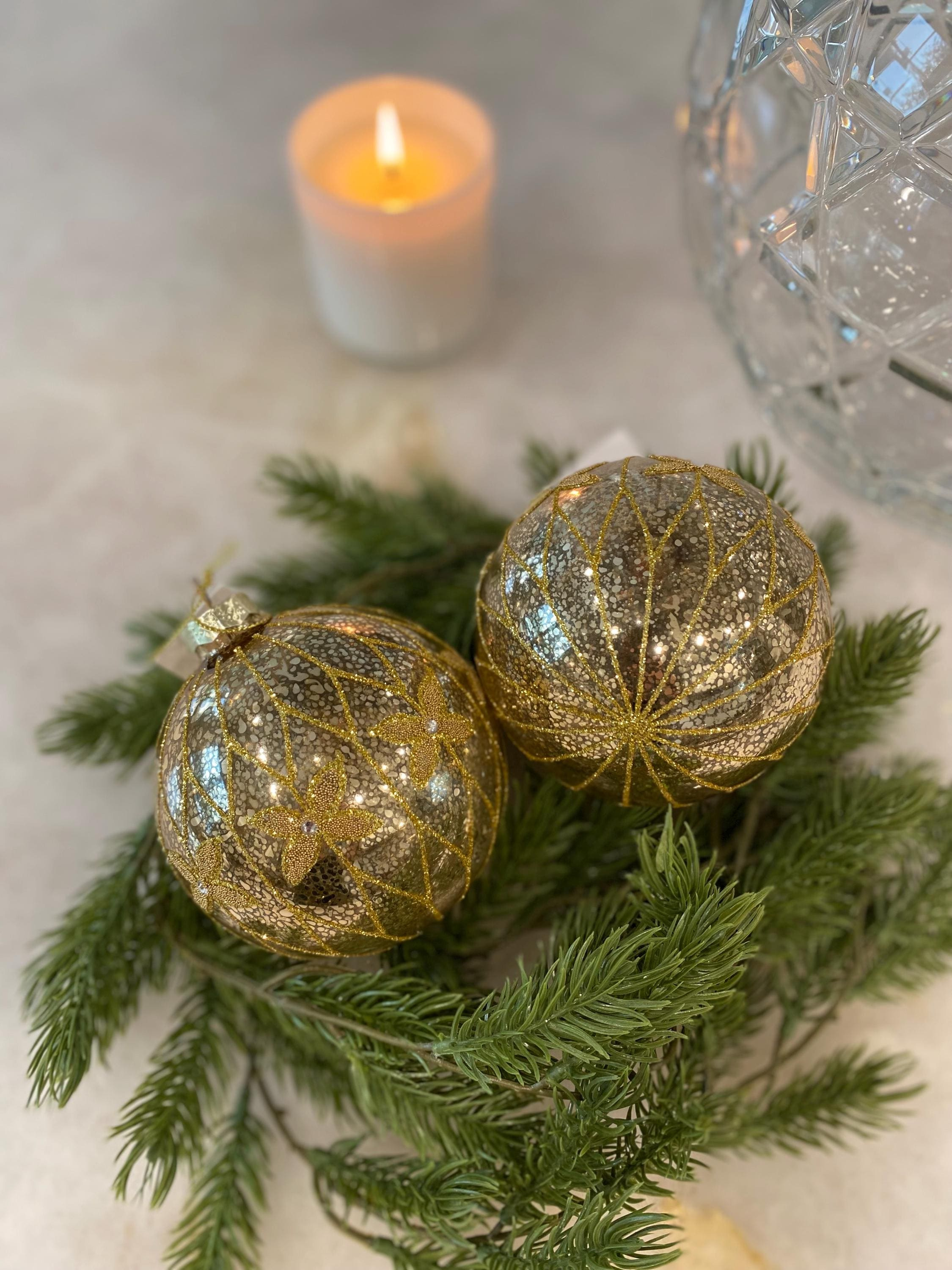 Antique Glass Christmas Ornament, Gold Glitter Round Holiday Tree Decor Antique Glass Christmas Ornament, Gold Glitter Round Holiday Tree Decor