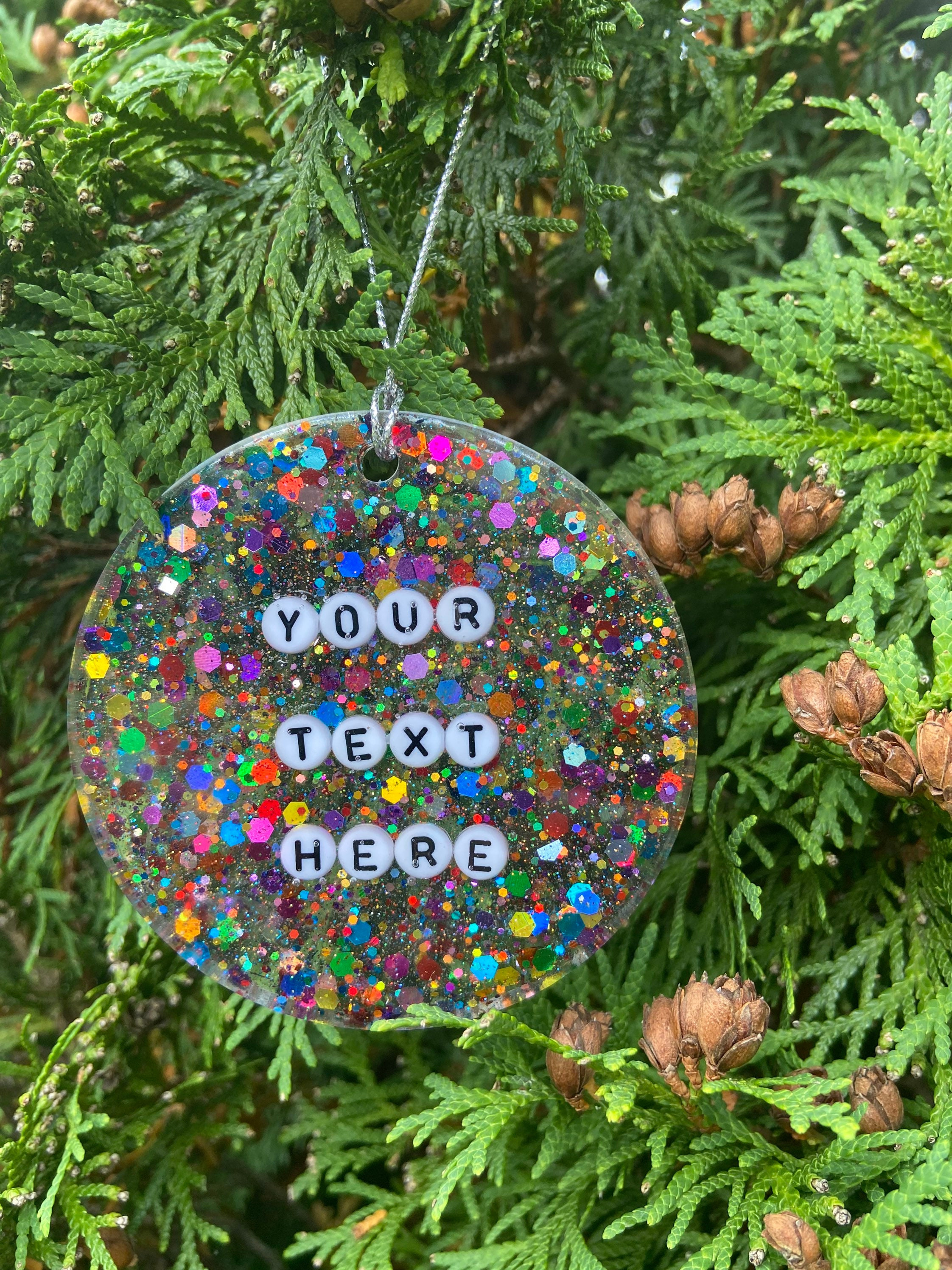 Personalized Glitter Ornament with Custom Quote, Resin Christmas Ornament Gift