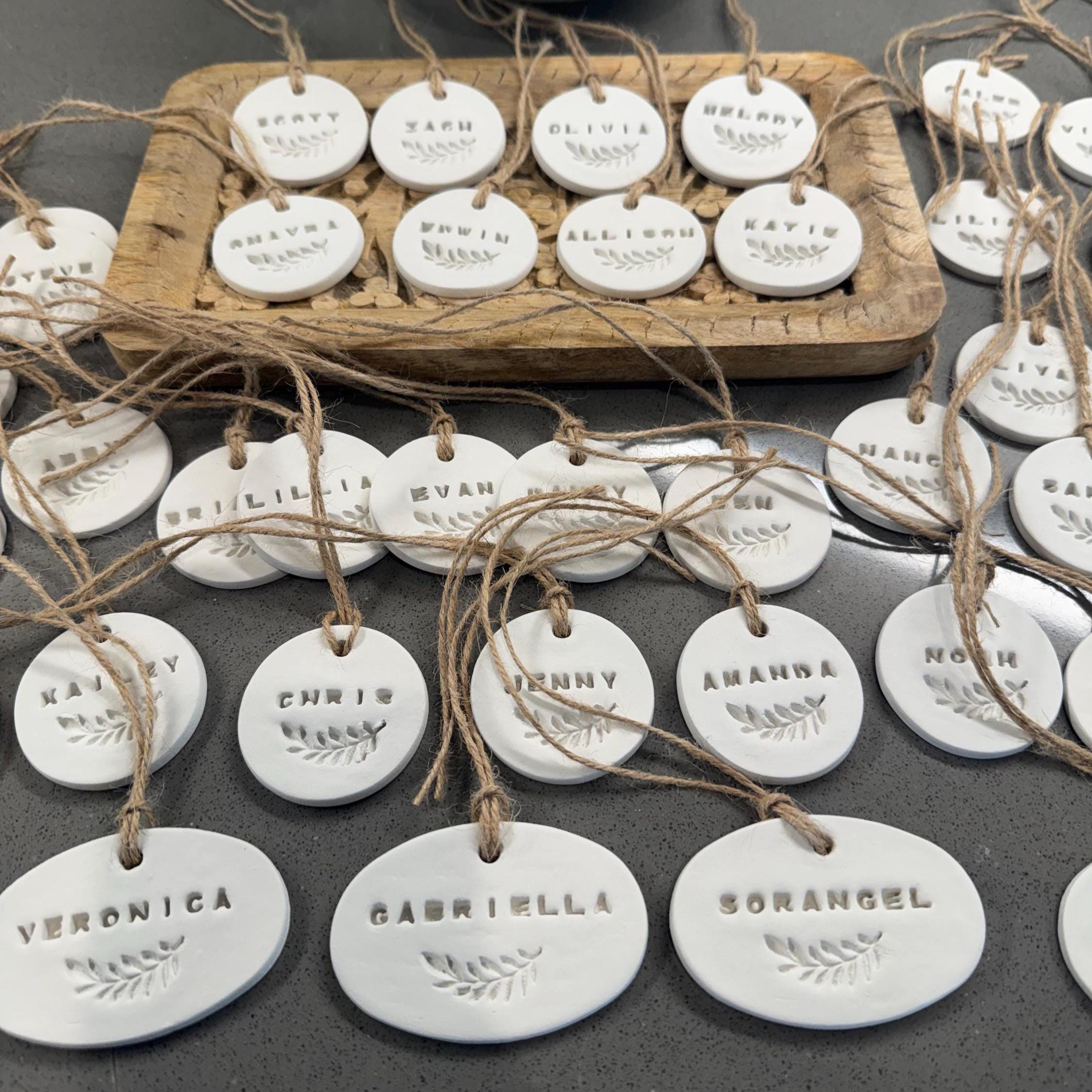 Personalized Clay Place Cards with Botanical Leaf, Custom Wedding Name Tags 3 - MeasureMason Personalized Clay Place Cards with Botanical Leaf, Custom Wedding Name Tags 3