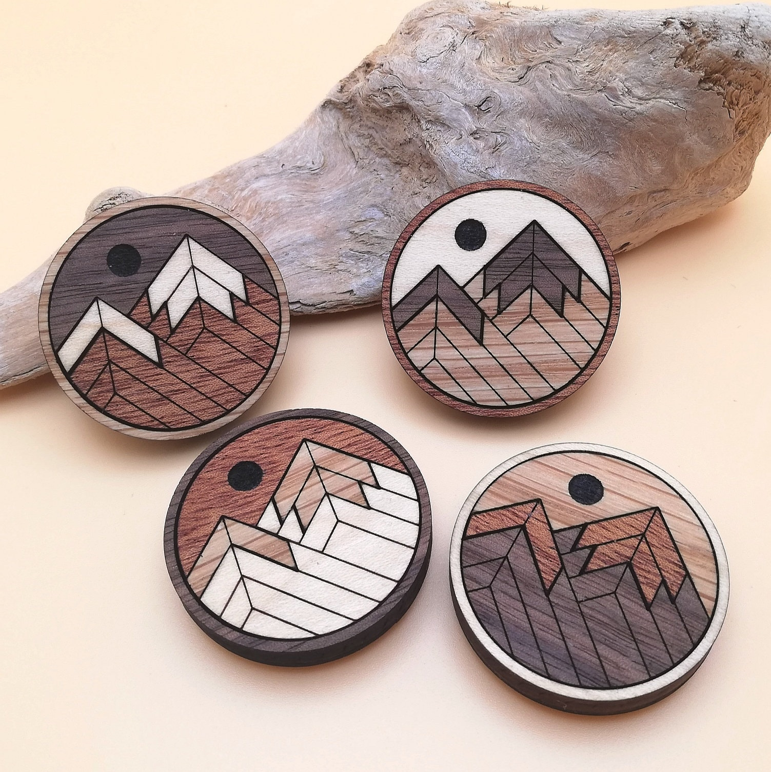 Mountain Wood Inlay Magnet Set of 4, Rustic Fridge Magnets for Nature Lovers Mountain Wood Inlay Magnet Set of 4, Rustic Fridge Magnets for Nature Lovers