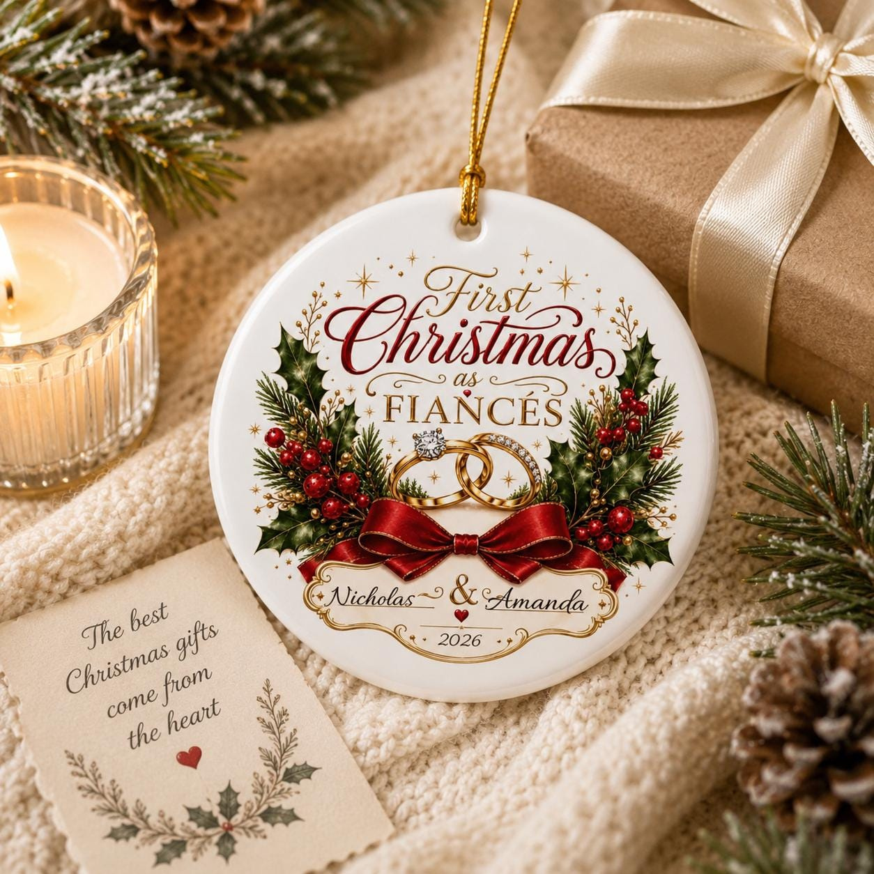 Personalized First Christmas as Fiancés Ceramic Ornament