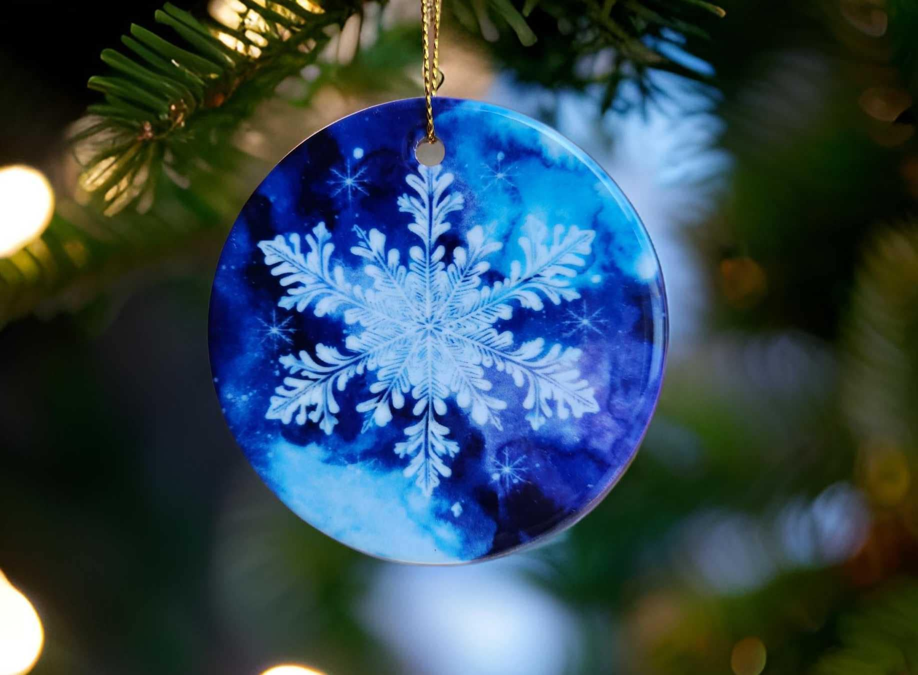 Blue Ceramic Snowflake Ornament for Christmas Tree Decor