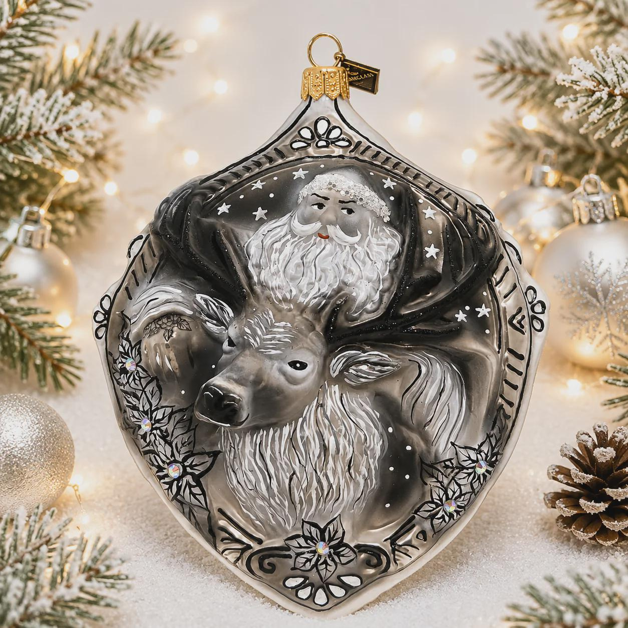 Hand Painted Glass Christmas Ornament Black and White Santa Reindeer Medallion