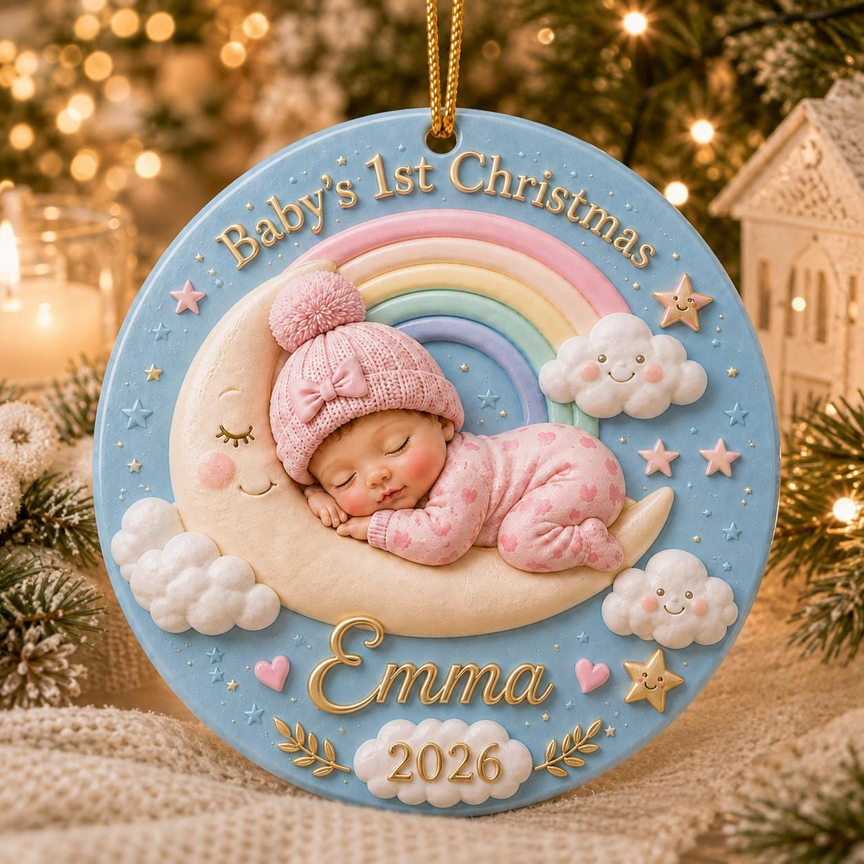 Baby First Christmas Moon Ornament, Personalized Ceramic Newborn Keepsake 1