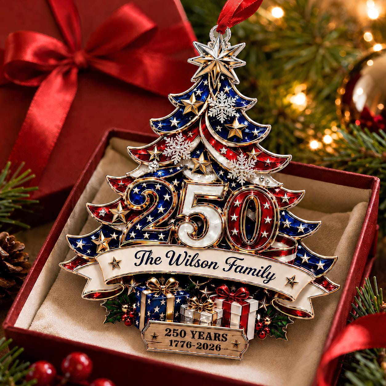 Custom 250th Anniversary Acrylic Ornament, Personalized Patriotic Family Christmas Tree Decor, 1776-2026 USA Bauble