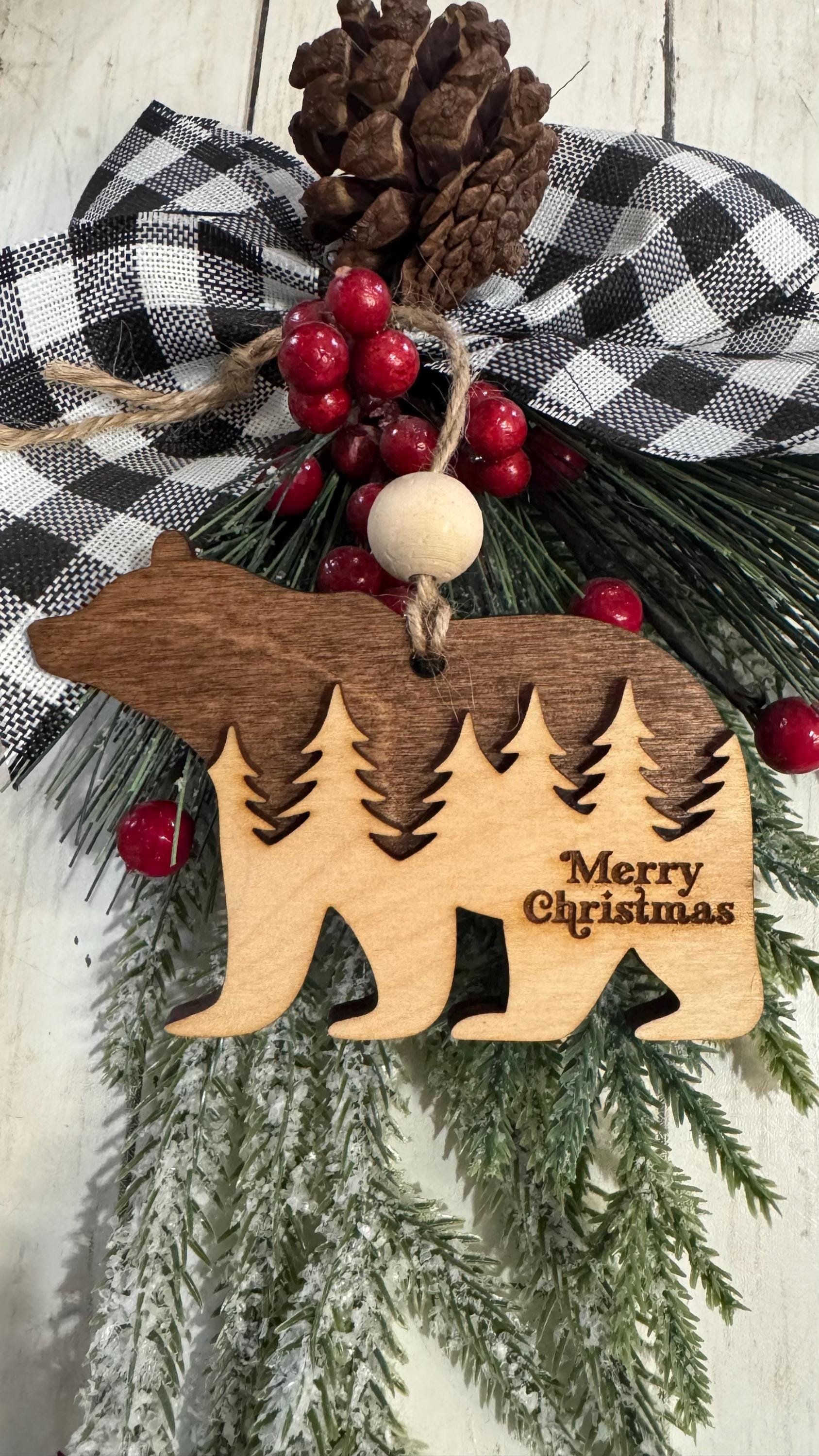 Wooden Bear Christmas Ornament, Rustic Woodland Holiday Tree Decor Wooden Bear Christmas Ornament, Rustic Woodland Holiday Tree Decor