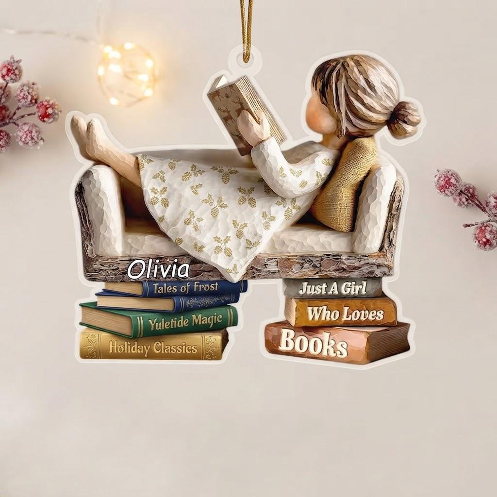 Personalized Book Lover Christmas Ornament, Custom Name Holiday Keepsake