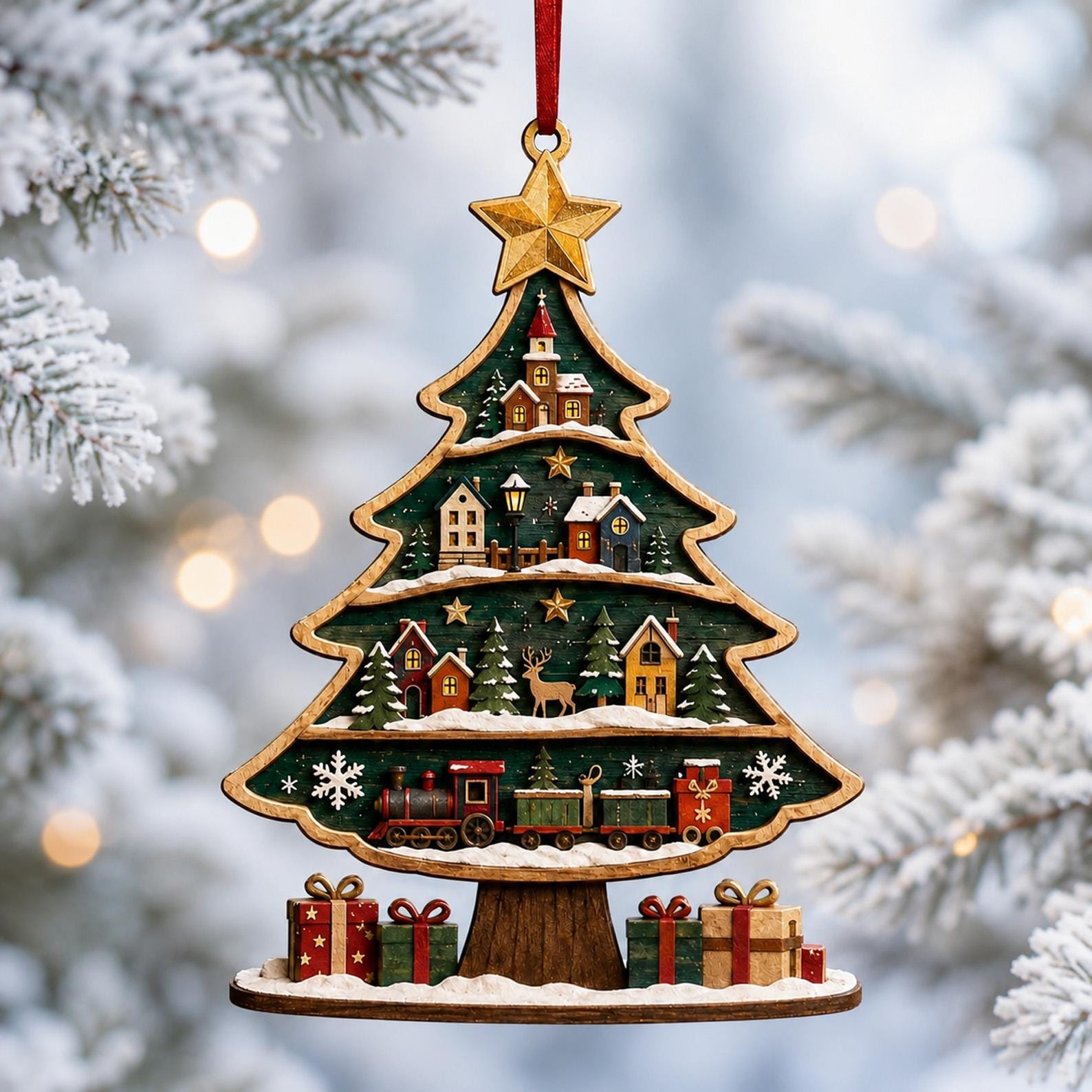 Wood Christmas Tree Ornament with Layered Village Scene Rustic Holiday Hanging Decor 3 - MeasureMason Wood Christmas Tree Ornament with Layered Village Scene Rustic Holiday Hanging Decor 3
