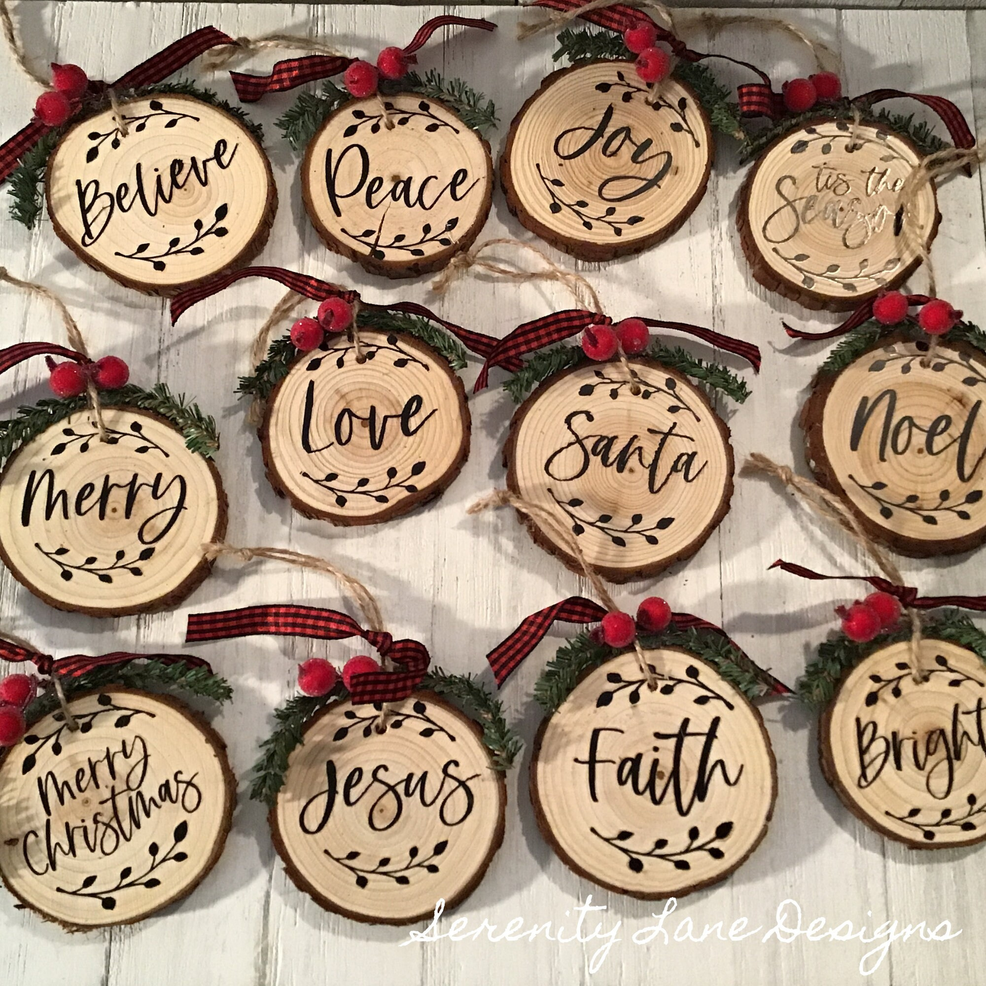 Rustic Wood Slice Christmas Ornament Set with Holiday Words