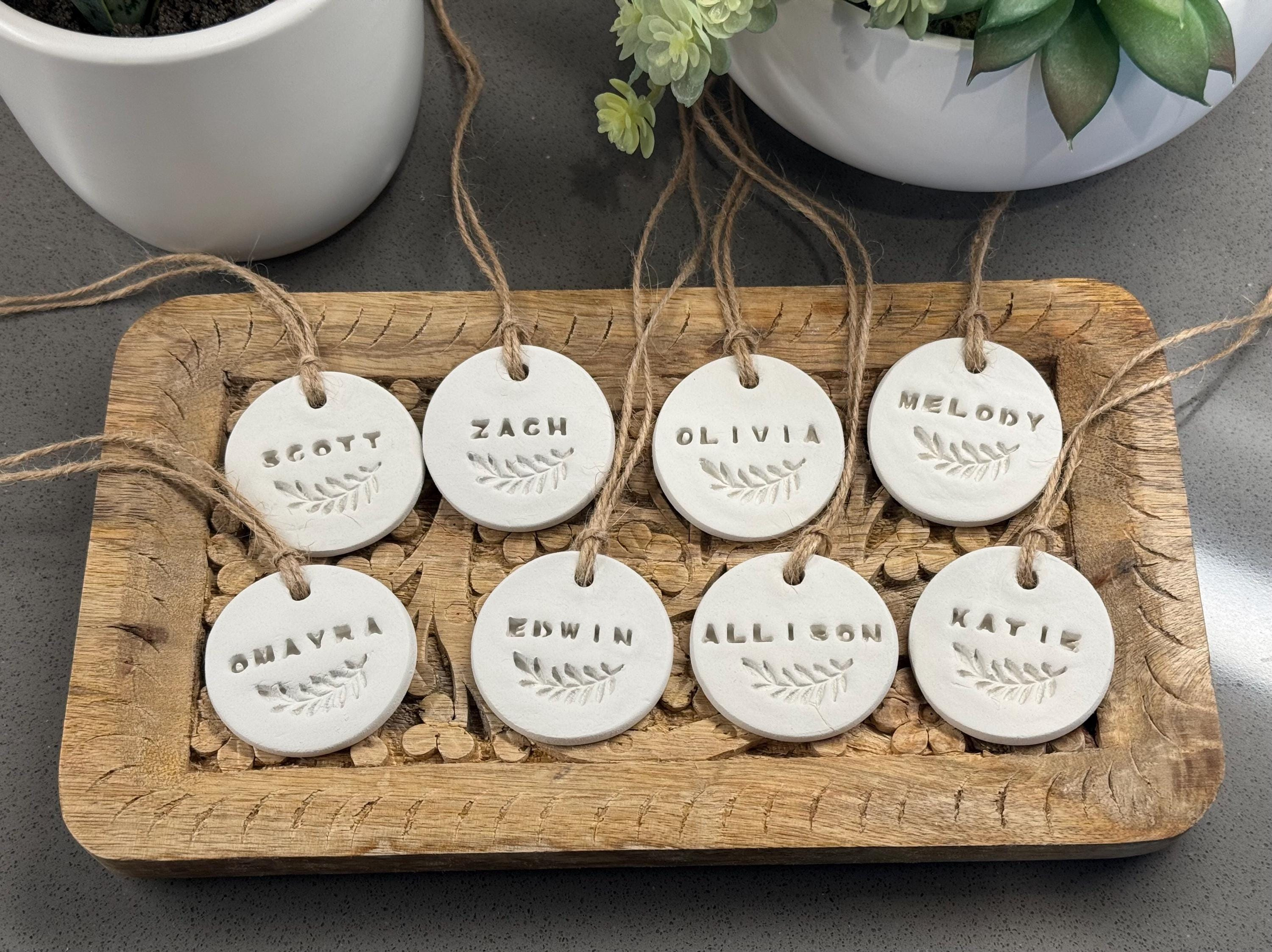 Personalized Clay Place Cards with Botanical Leaf, Custom Wedding Name Tags