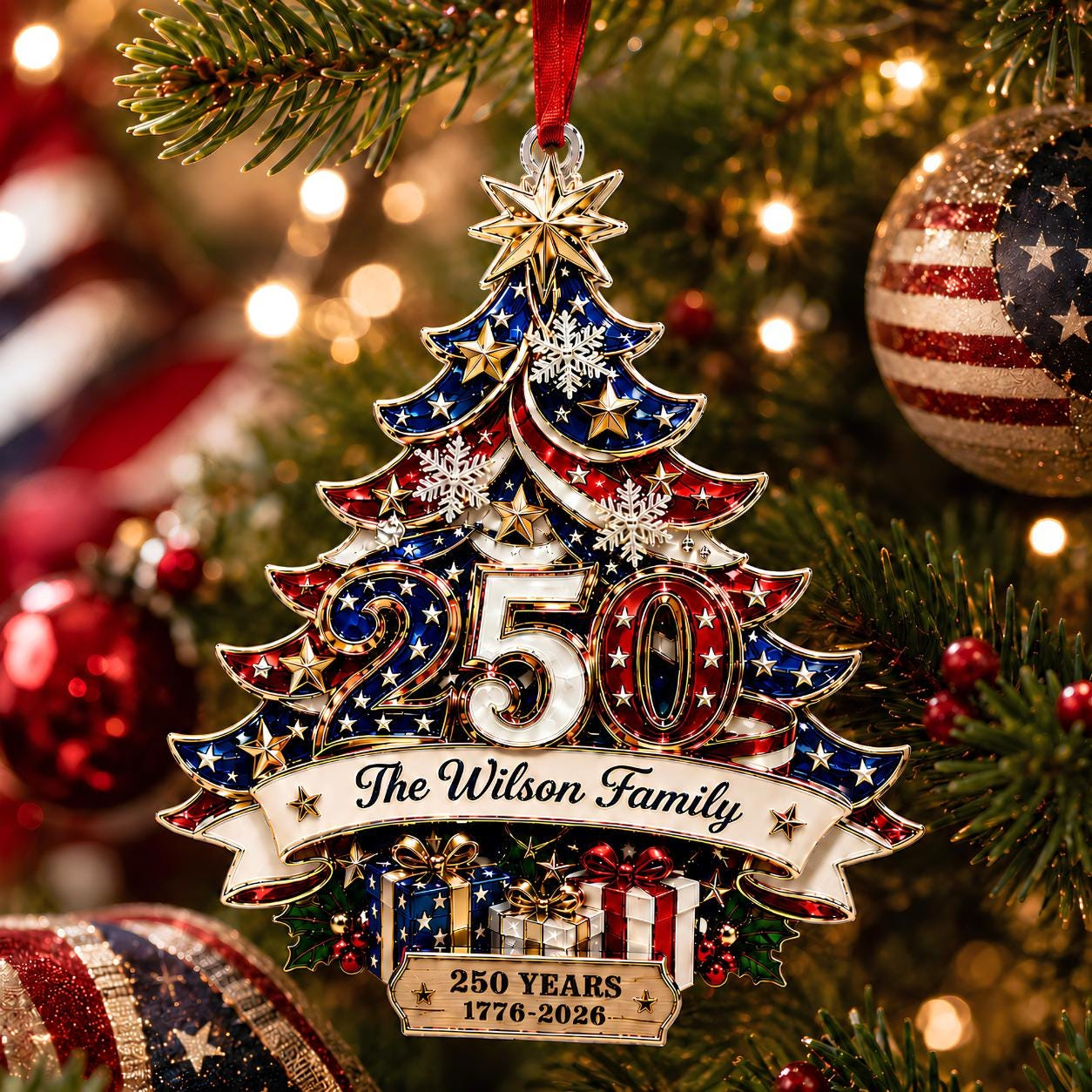Custom 250th Anniversary Acrylic Ornament, Personalized Patriotic Family Christmas Tree Decor, 1776-2026 USA Bauble 2 - MeasureMason Custom 250th Anniversary Acrylic Ornament, Personalized Patriotic Family Christmas Tree Decor, 1776-2026 USA Bauble 2