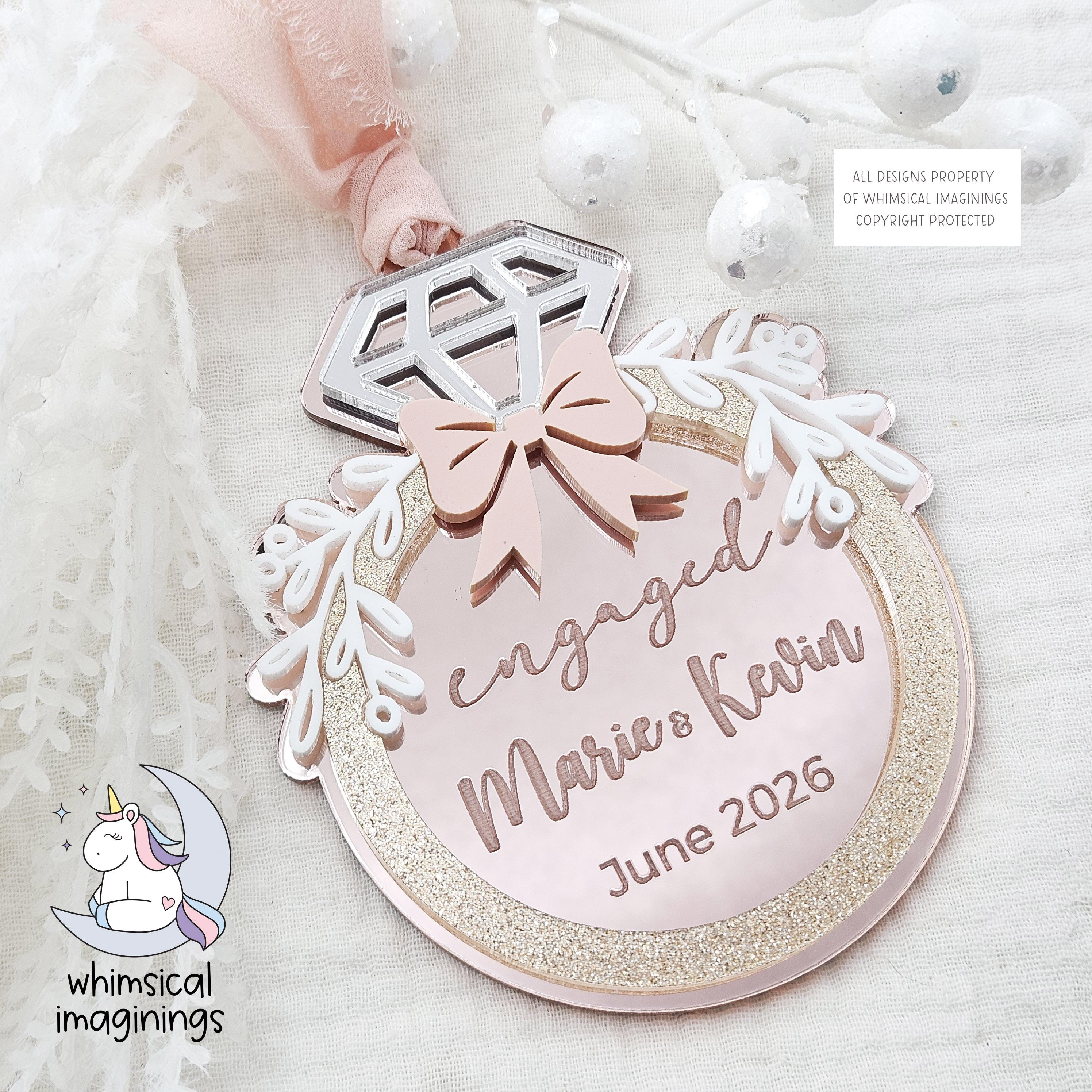 Personalized Engaged Christmas Ornament - Gift for Newly Engaged Couple - Mirrored Acrylic Christmas Ornament